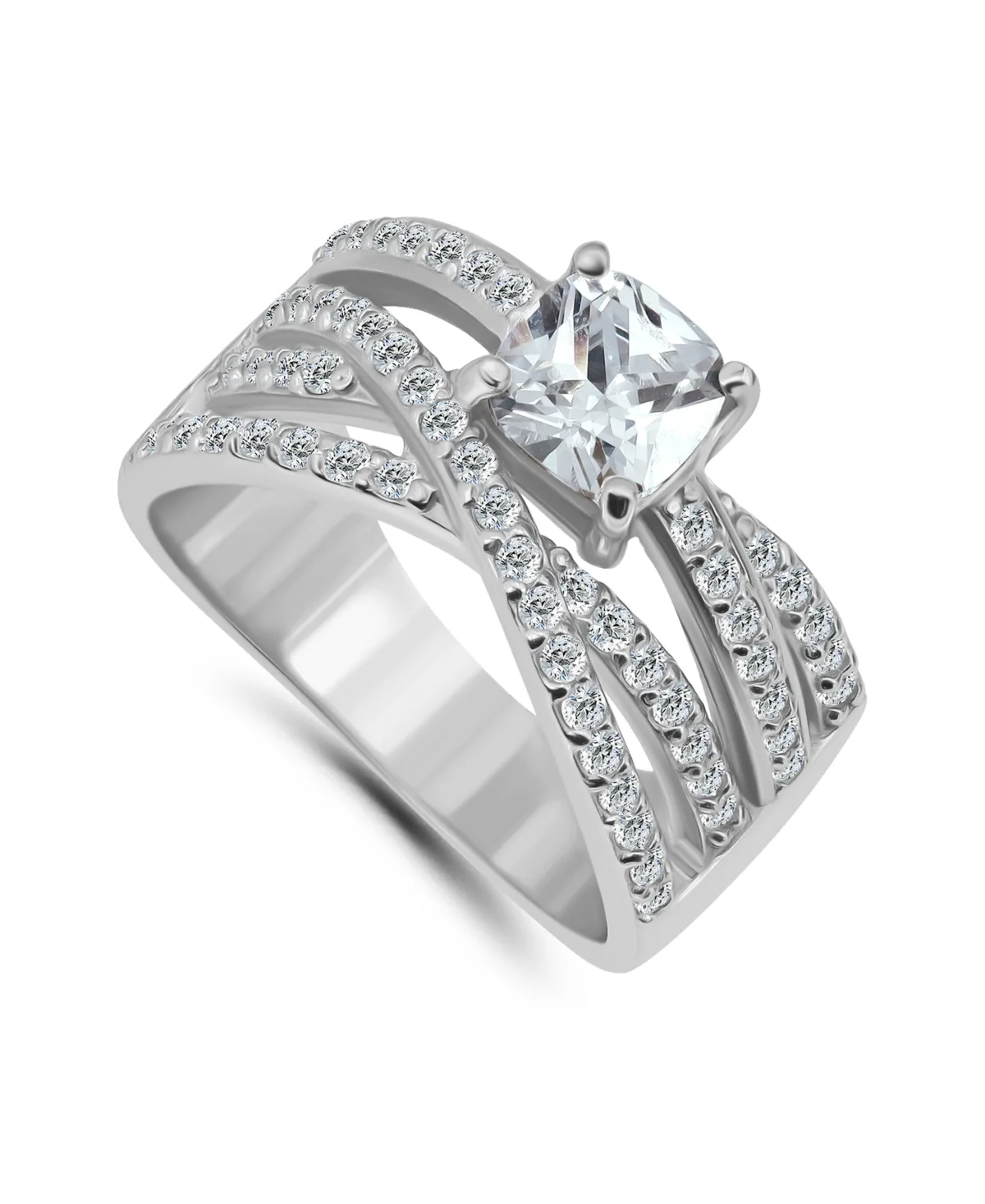 Cubic Zirconia Intertwined Band with Cushion Prong Center Ring in Silver Plate