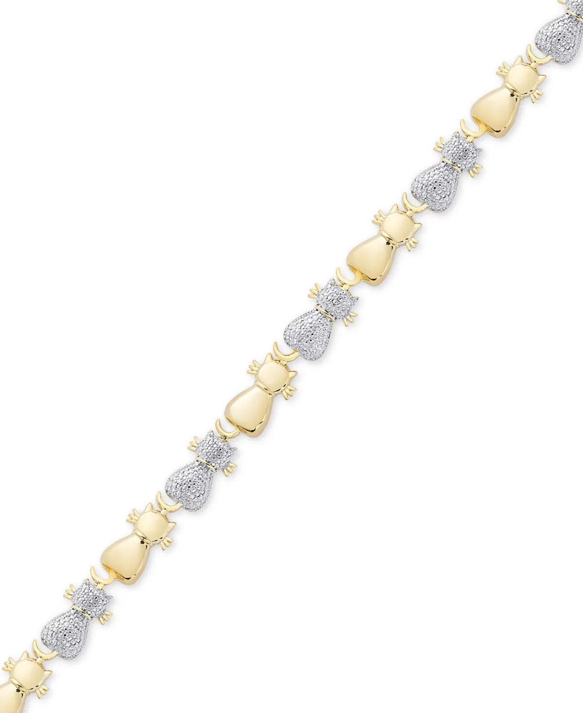 Diamond Accent Two-Tone Cat Link Bracelet in Sterling Silver-Plate & 18k Gold Over Silver-Plate by Macy's