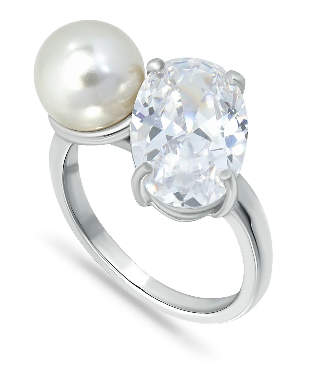 Cubic Zirconia and Imitation Pearl Stone Ring in Silver Plate by Macy's