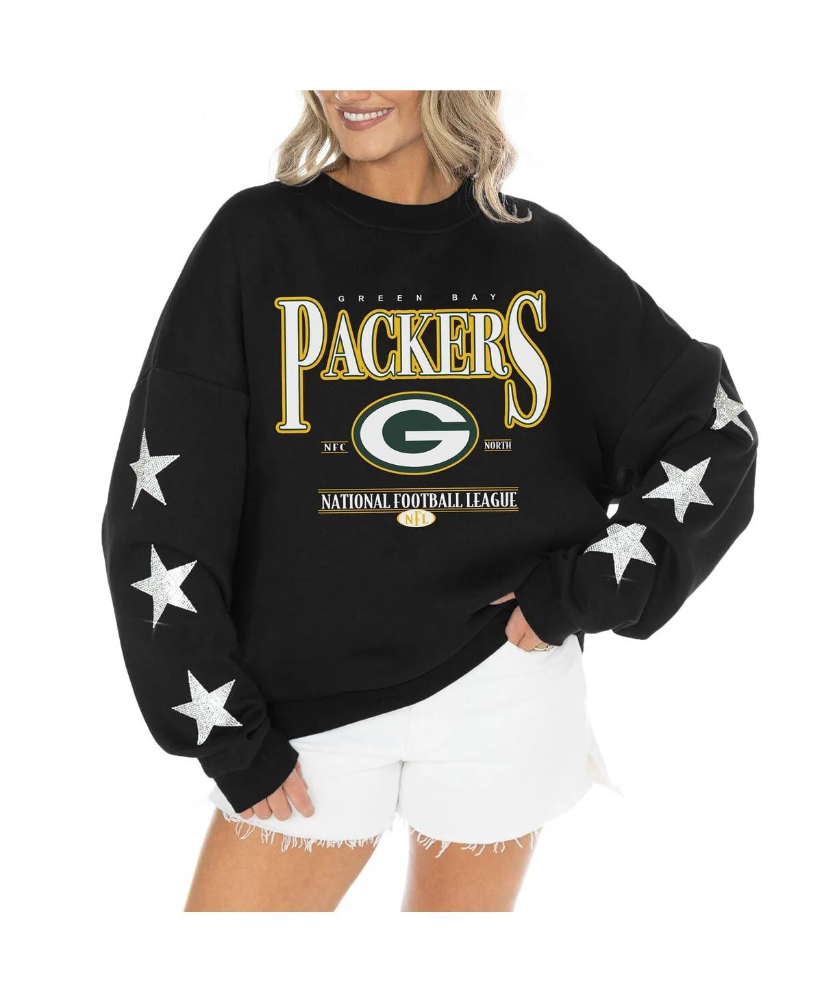 Green Bay Packers Rhinestone Star Sleeve Settle the Score Tri-Blend Pullover by Gameday Couture