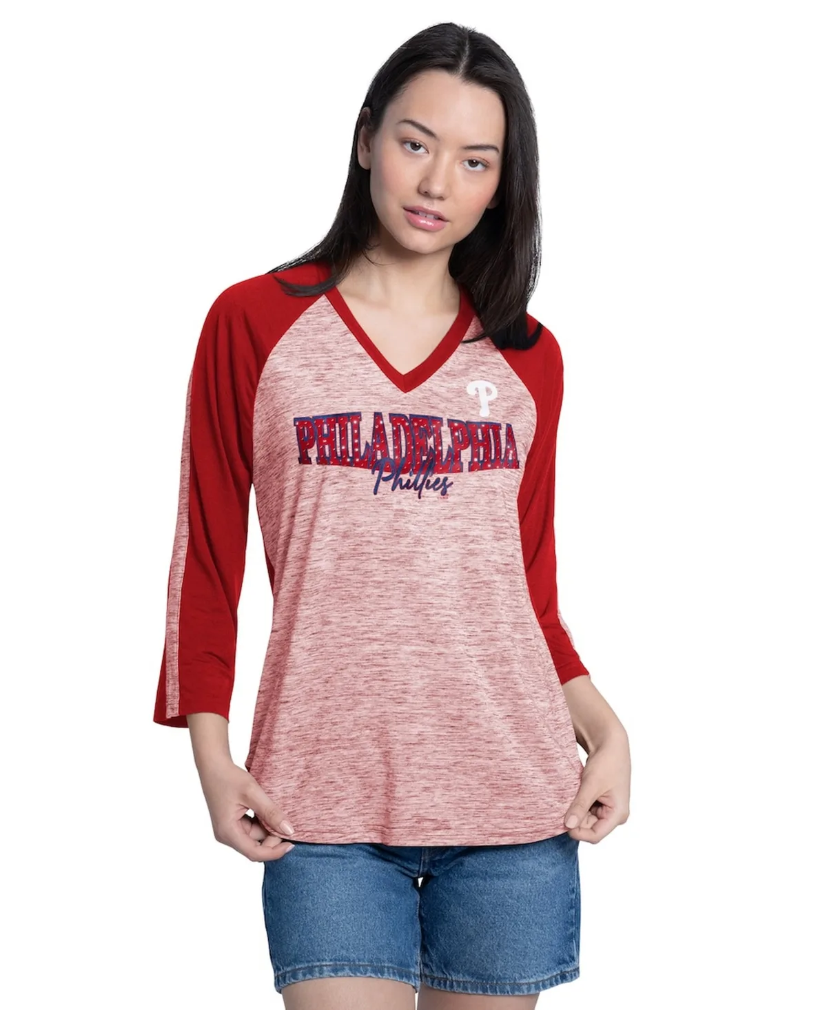 Philadelphia Phillies Speed Training 3/4-Sleeve Rhinestone V-Neck T-Shirt by G-iii 4her By Carl Banks