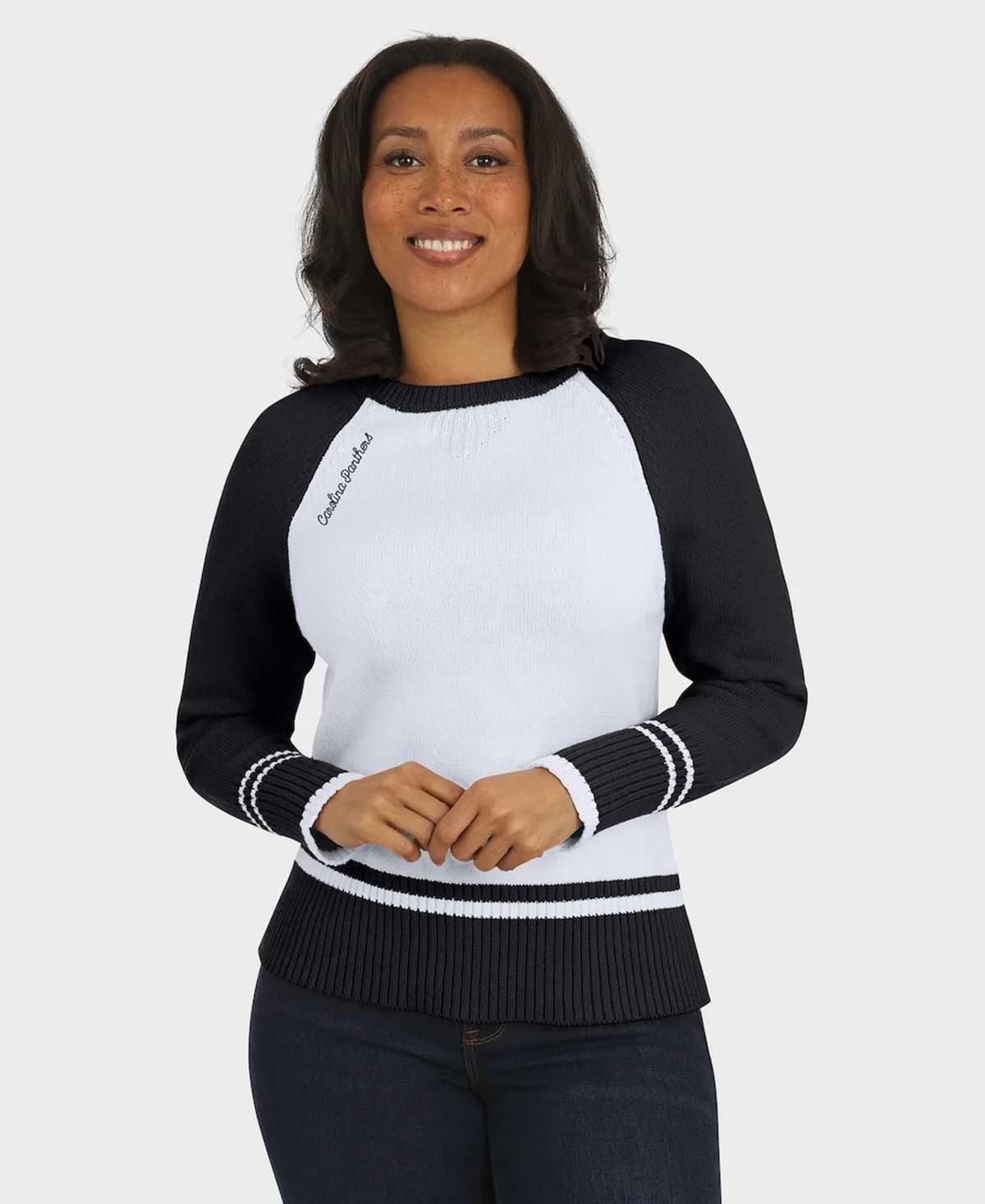 Carolina Panthers Colorblock Raglan Sweater by Wear By Erin Andrews