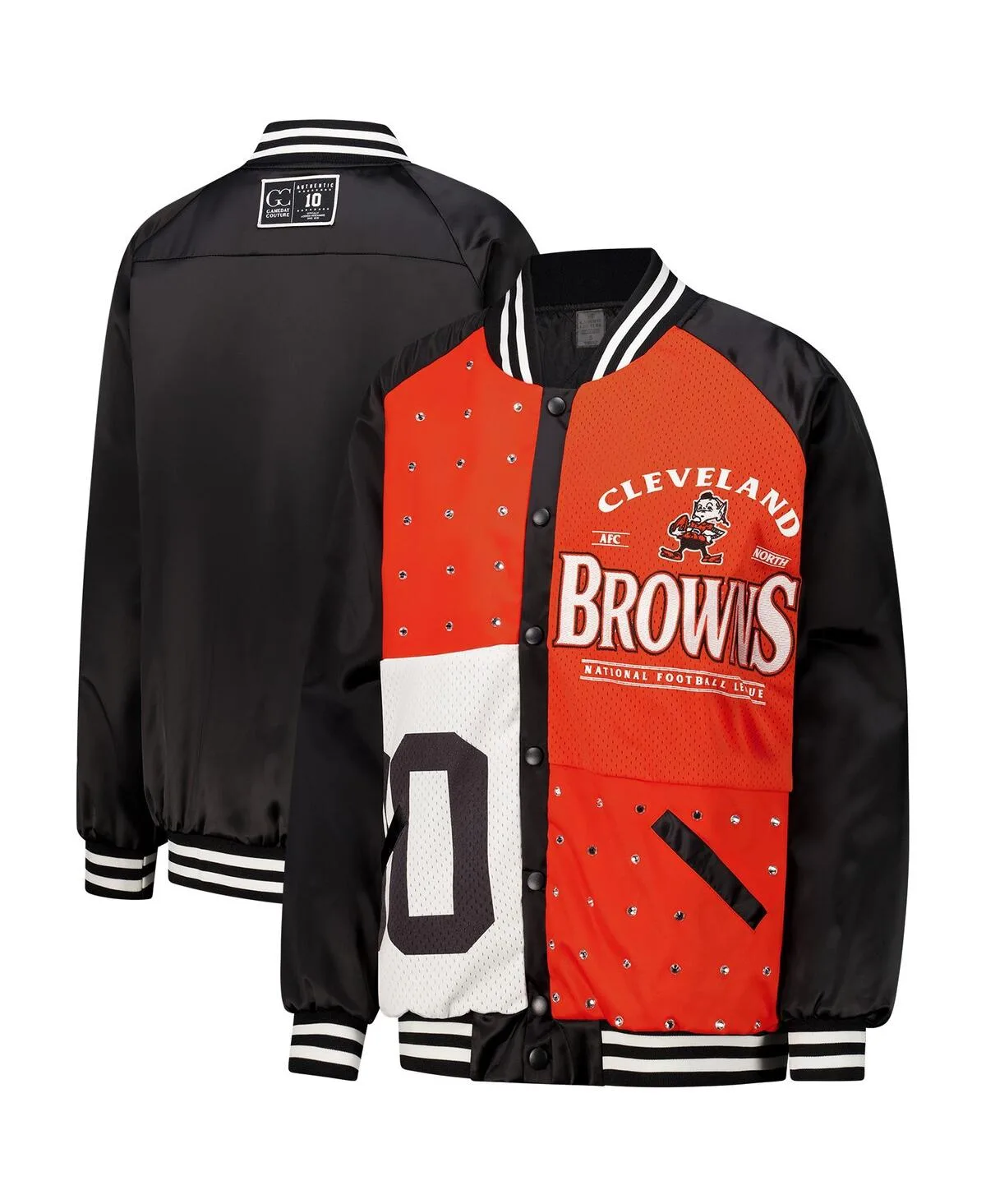 Cleveland Browns Oversized Hot Shot Rhinestone Throwback Full-Snap Varsity Bomber Jacket by Gameday Couture
