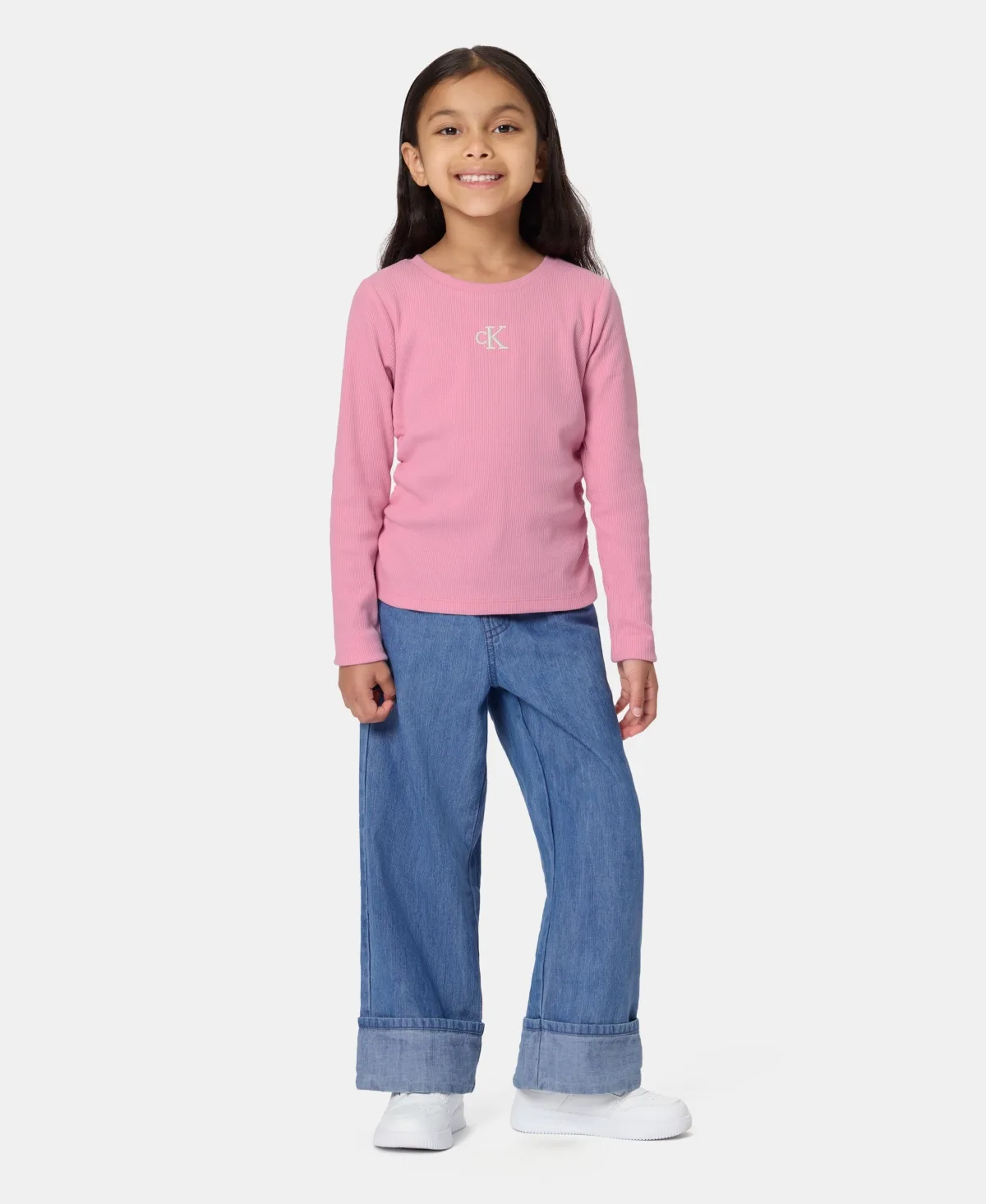 Monogram Ribbed Long-Sleeve Top and Wide-Leg Denim Pants, 2-Piece Set by Calvin Klein