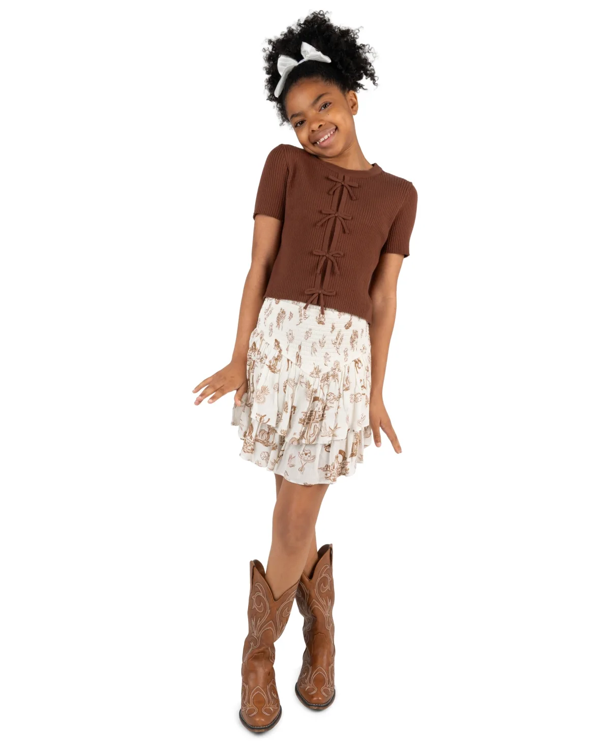 Rib Knit Bow Sweater, Printed Skort and Satin Hair Bow, 3-Piece Set by Tween Diva