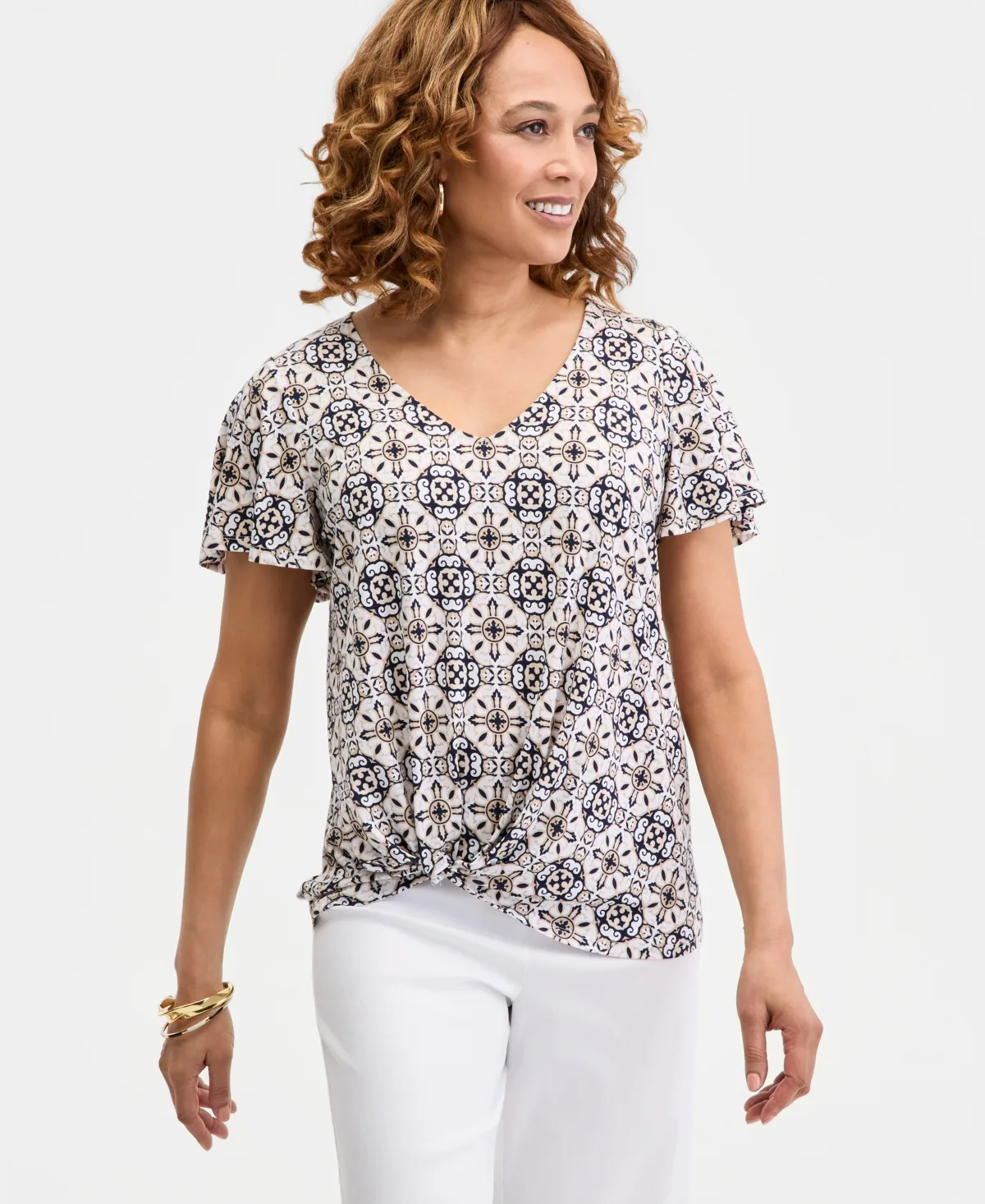 Printed Short-Sleeve V-Neck Twist-Front Top by Jm Collection