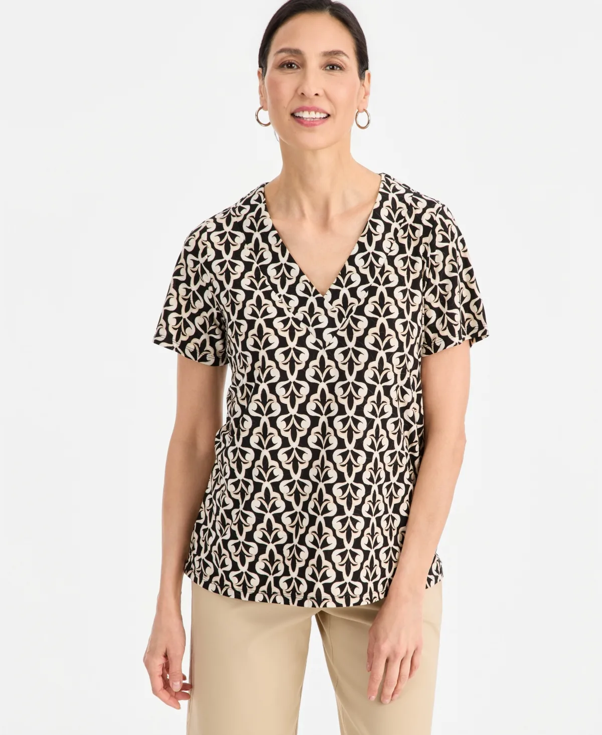 Printed Short Sleeve V-Neck Jacquard Top by Jm Collection