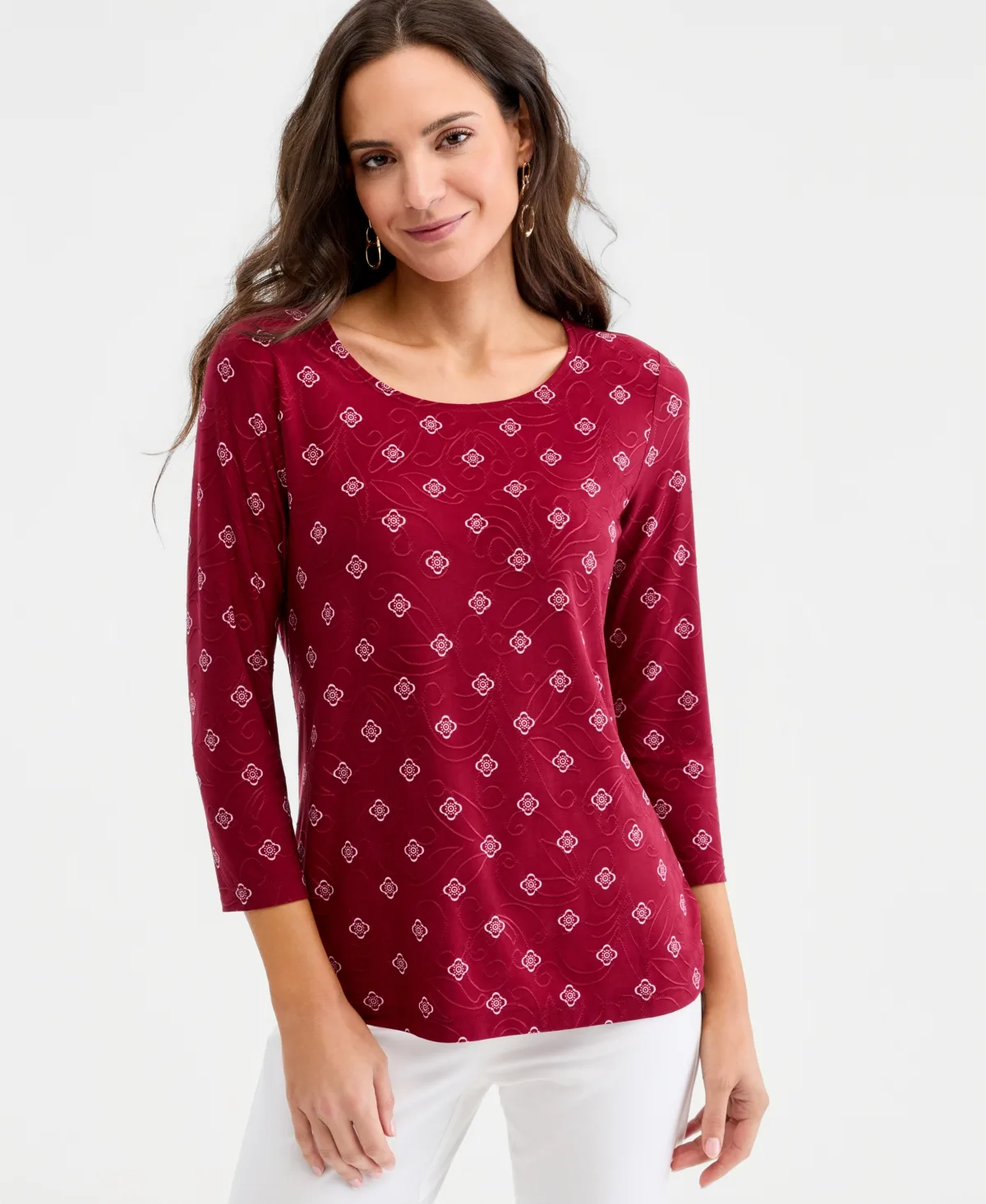 Printed 3/4 Sleeve Scoop-Neck Jacquard Top by Jm Collection