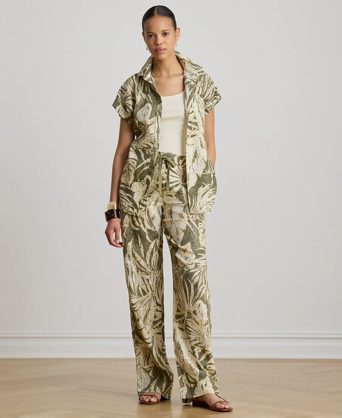 High-Rise Palm-Frond-Print Wide-Leg Pants by Lauren Ralph Lauren