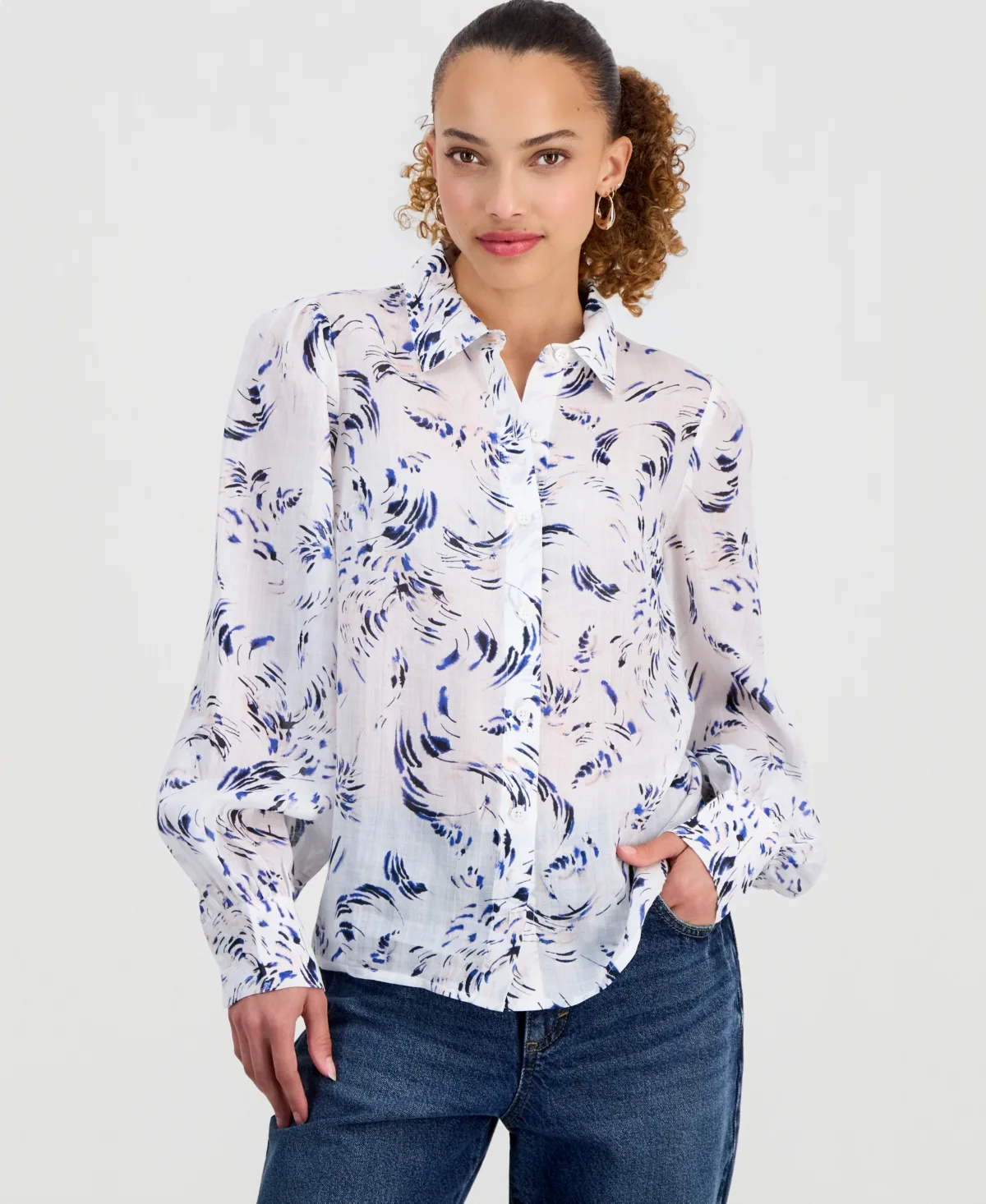 Long Sleeve Printed Ramie Button Down Shirt by I.n.c. International Concepts