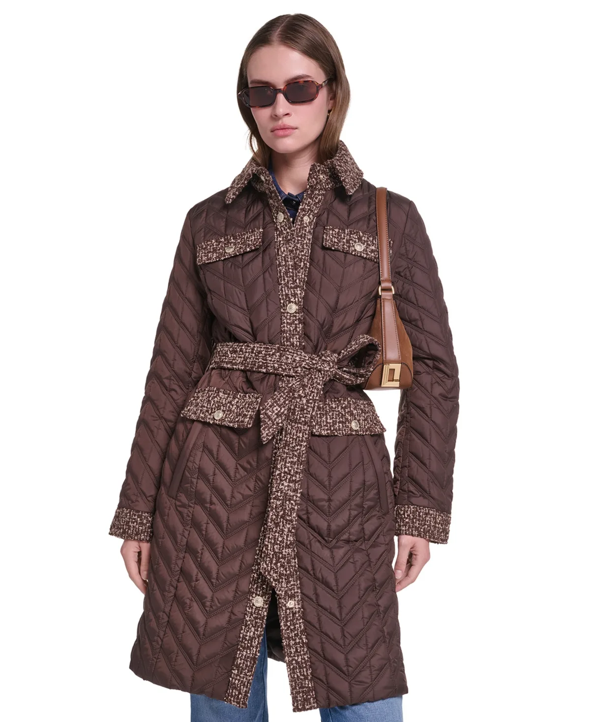 Long Quilted Tweed-Trim Coat by Karl Lagerfeld Paris