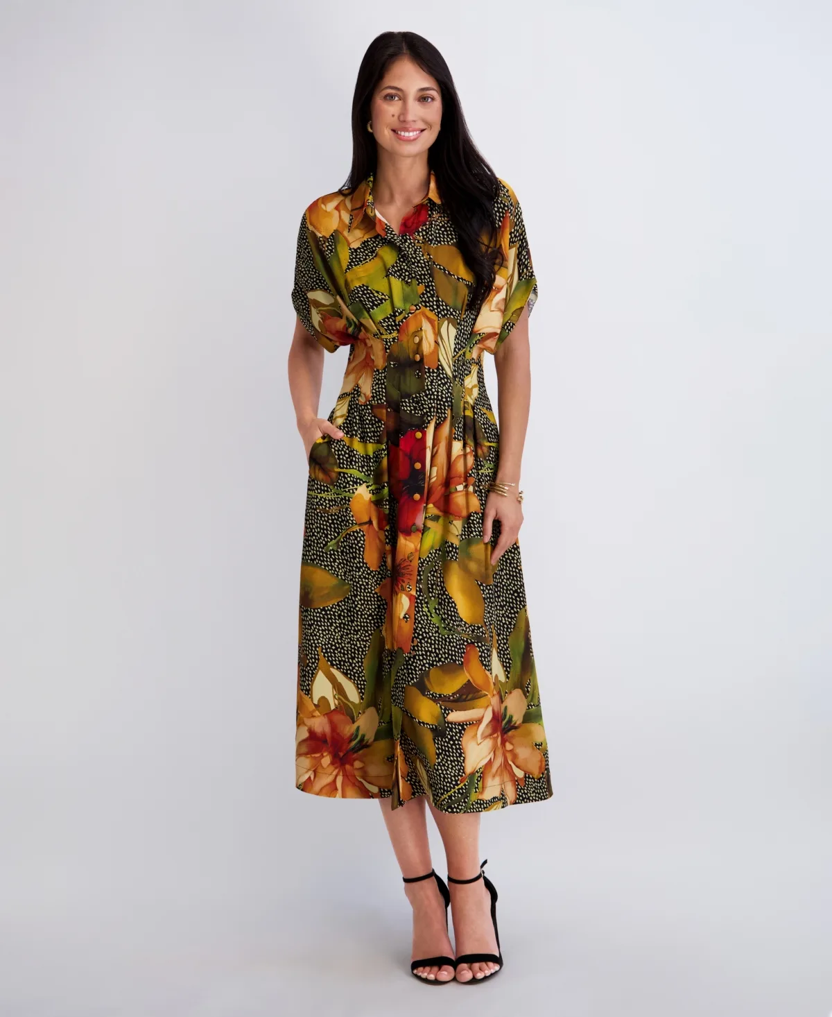 Button-Front Collared Neck Midi Shirt Dress by Kensie