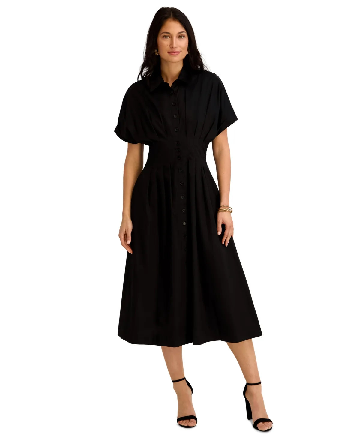 Button-Front Cinched Waist Cotton Midi Shirt Dress by Kensie