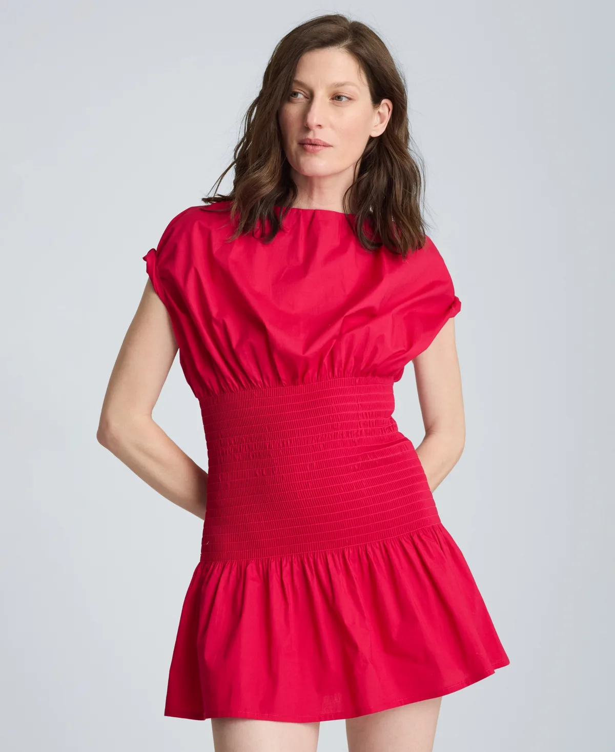 Smocked Waist Boat Neck Mini Dress by Kenneth Cole