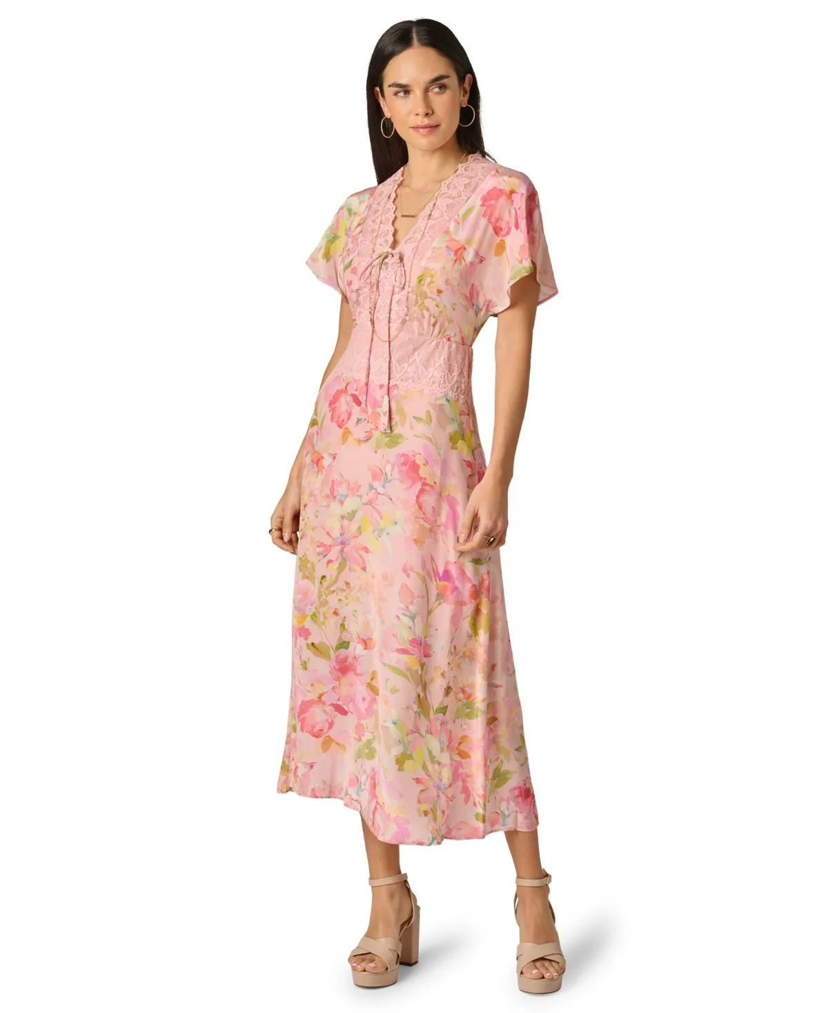 Printed V-Neck Lace Trimming Satin Dress by Adrianna
