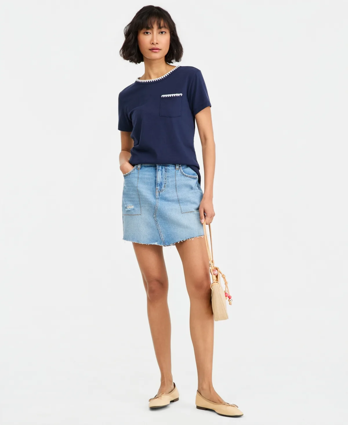 Mid-Rise Raw-Edge-Hem Mini Denim Skirt by On 34th