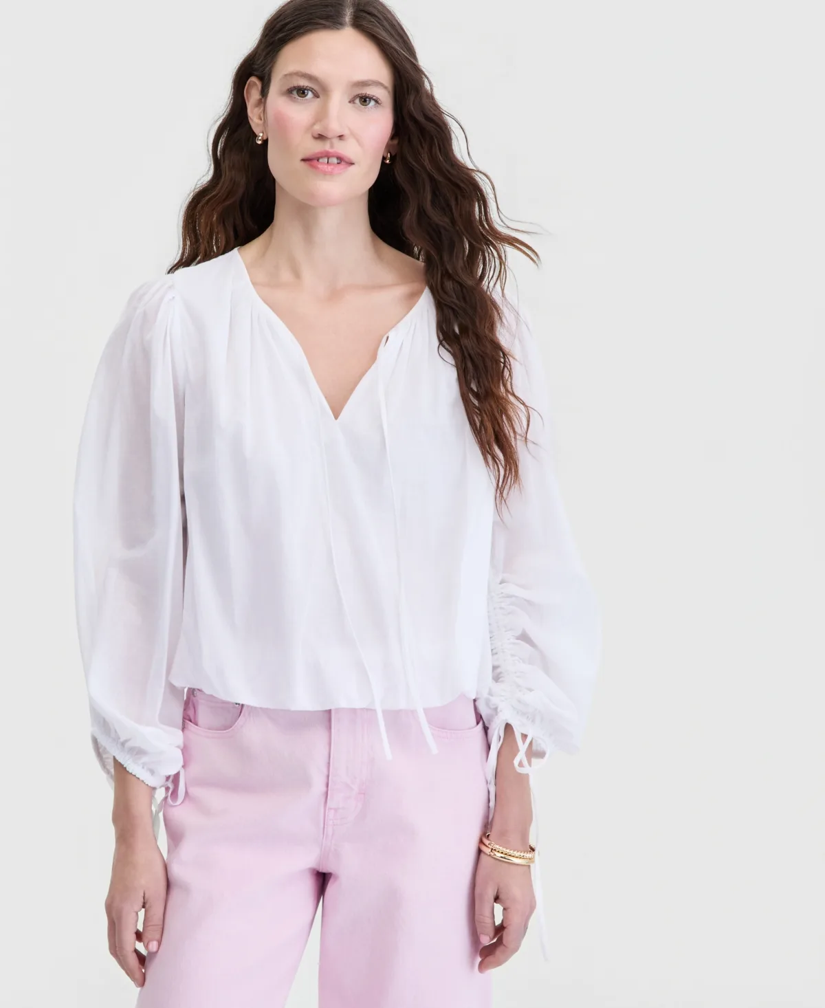 Cotton Solid Tie-Front Volume-Sleeve Blouse by On 34th