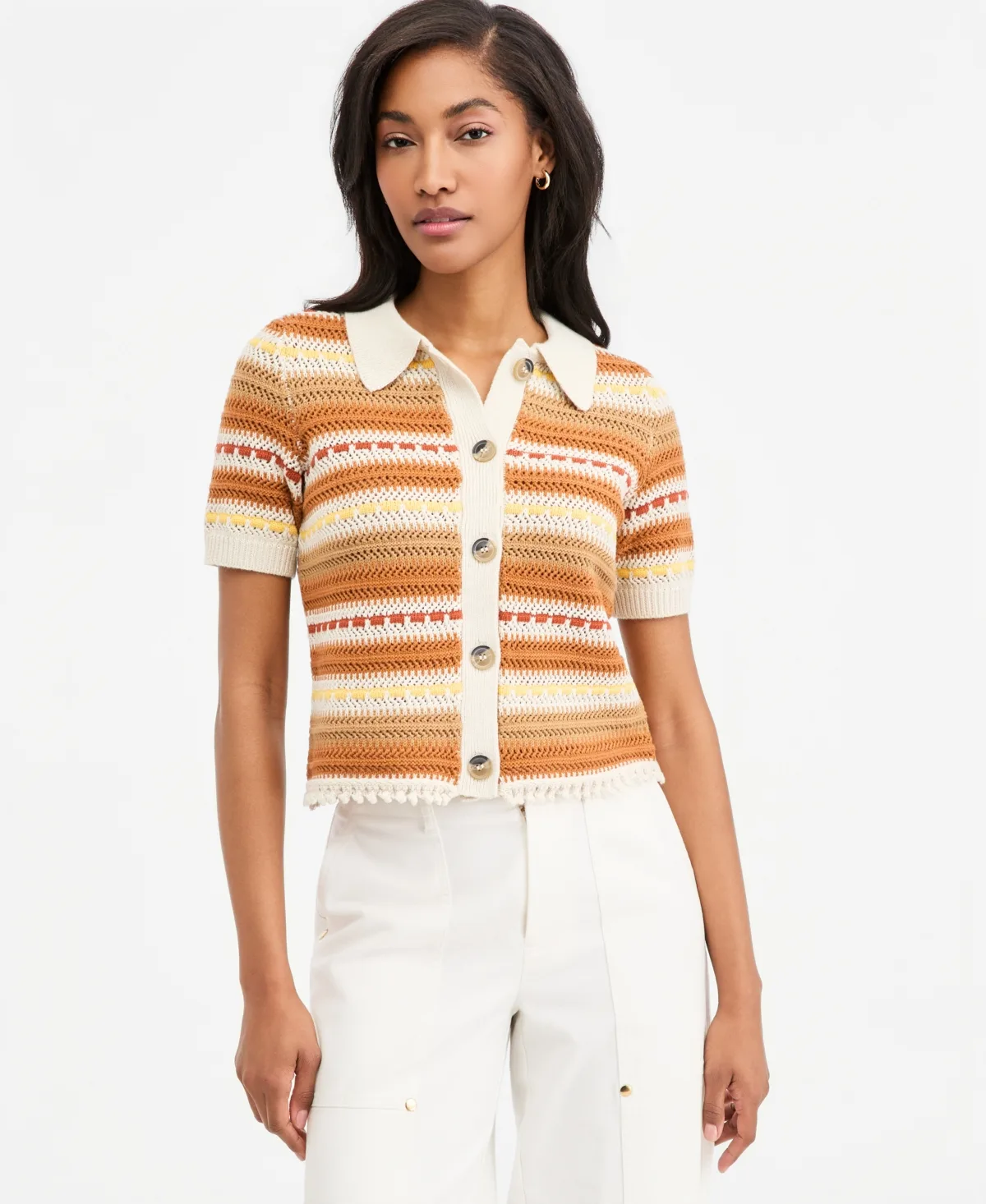 Textured Stripe Short-Sleeve Collared Cardigan by On 34th