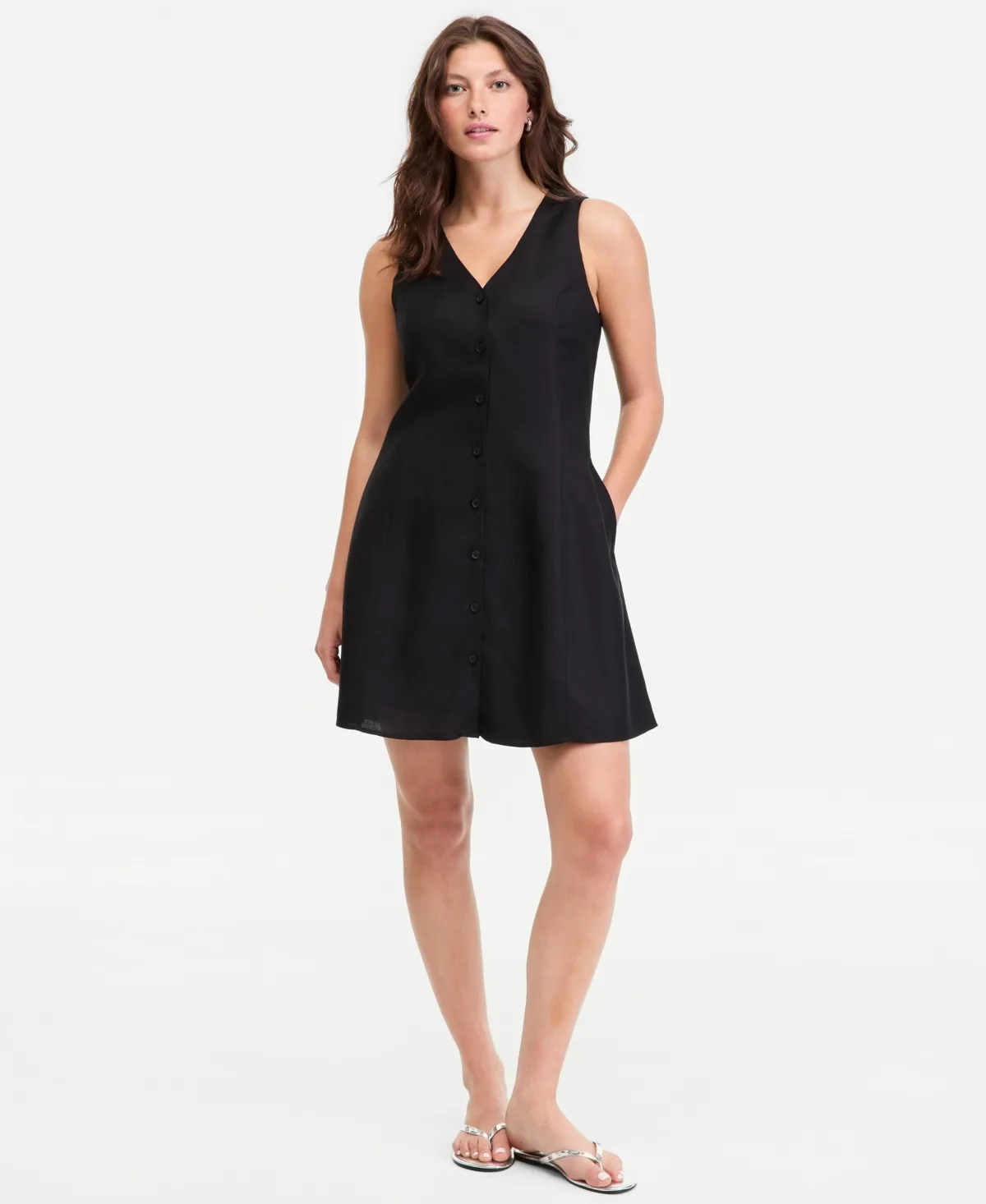 Linen-Blend V-Neck Mini Dress by On 34th