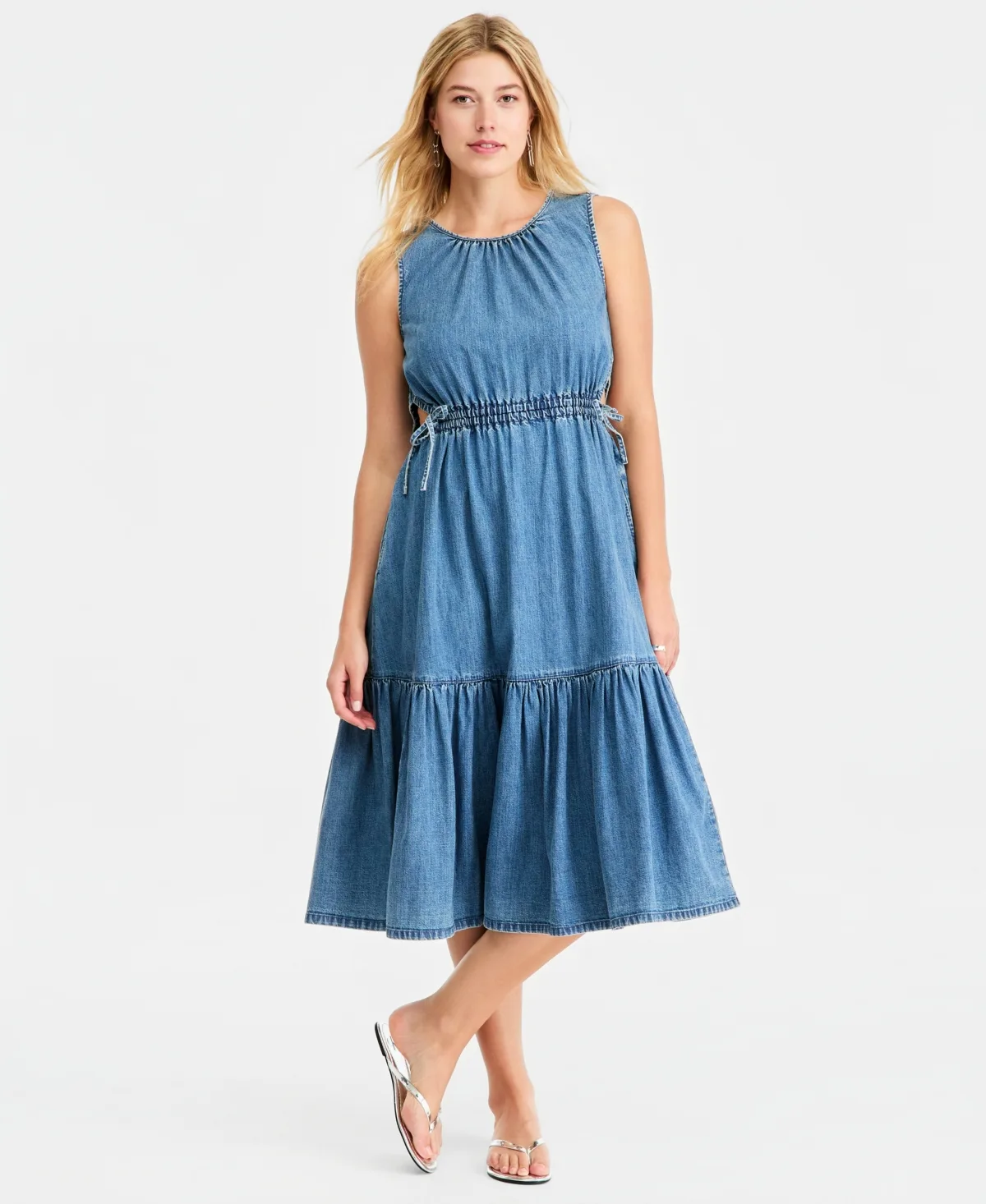 Denim Tiered Cutout Midi Dress by On 34th
