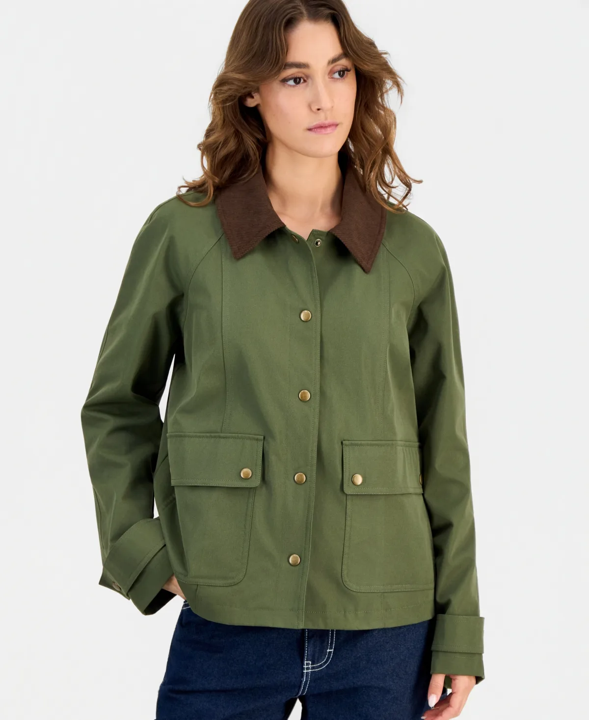 Contrast-Collar Snap-Front Barn Jacket by Maralyn & Me