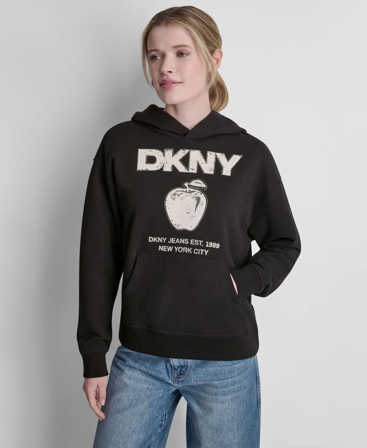 Long-Sleeve Big Apple Rhinestone Flocking Logo Hooded Sweatshirt by Dkny Jeans
