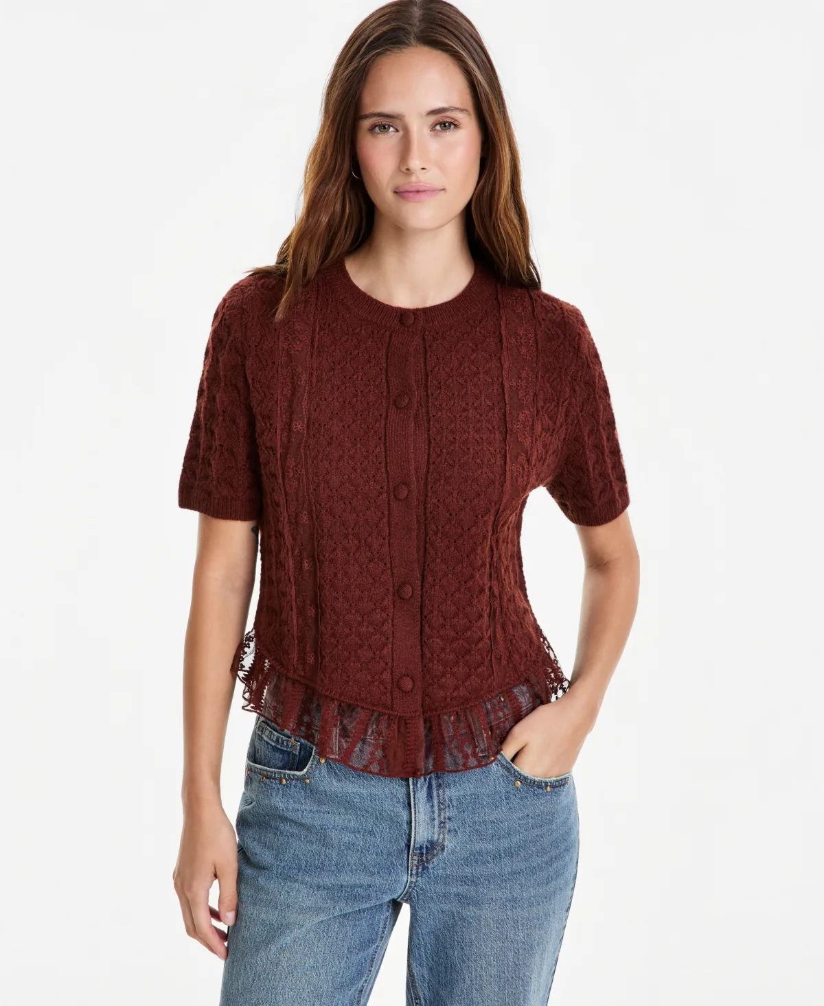 Pointelle Lace-Hem Short-Sleeve Cardigan by And Now This