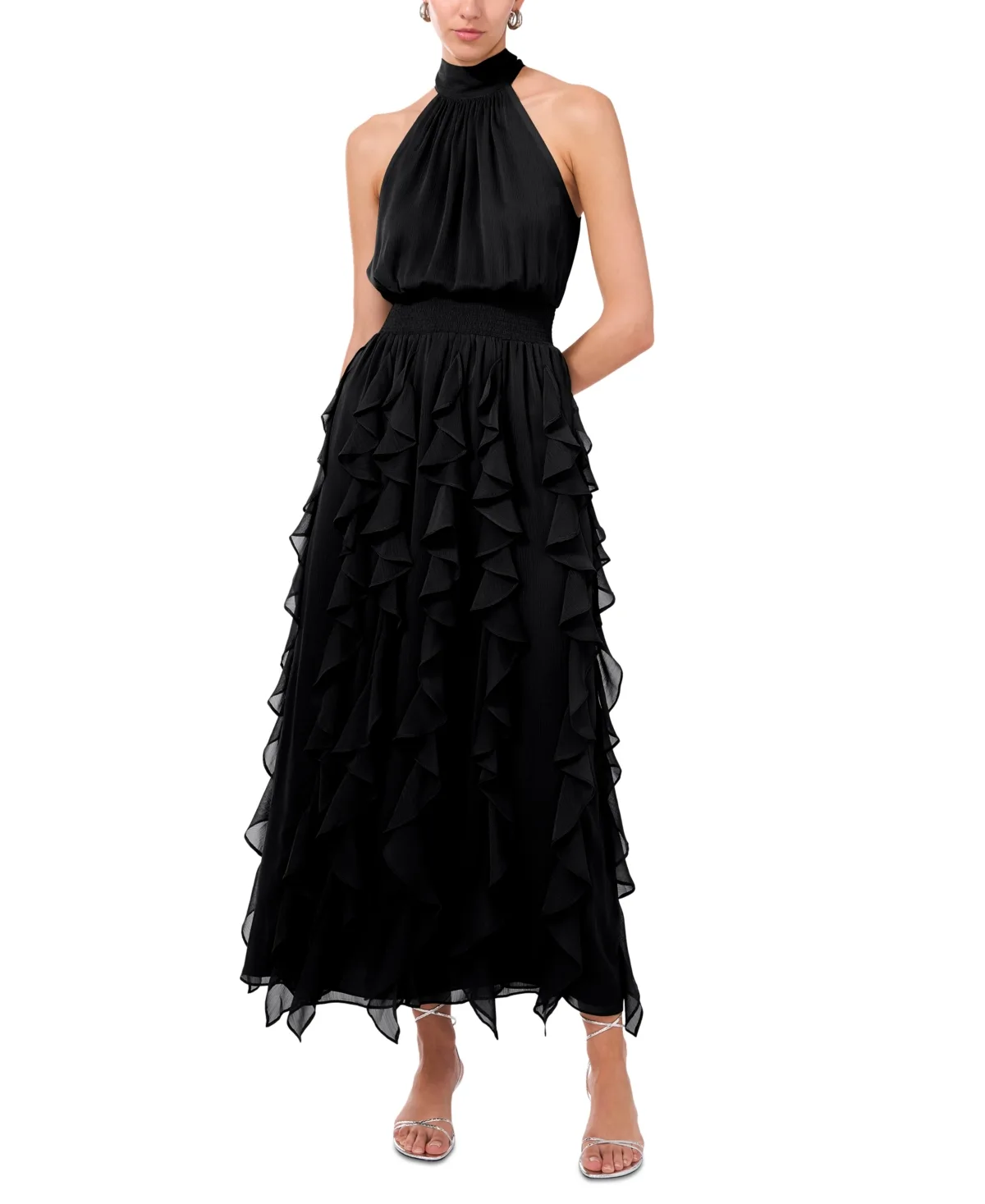 Smocked Cascade-Ruffle Halter Maxi Dress by 1.state