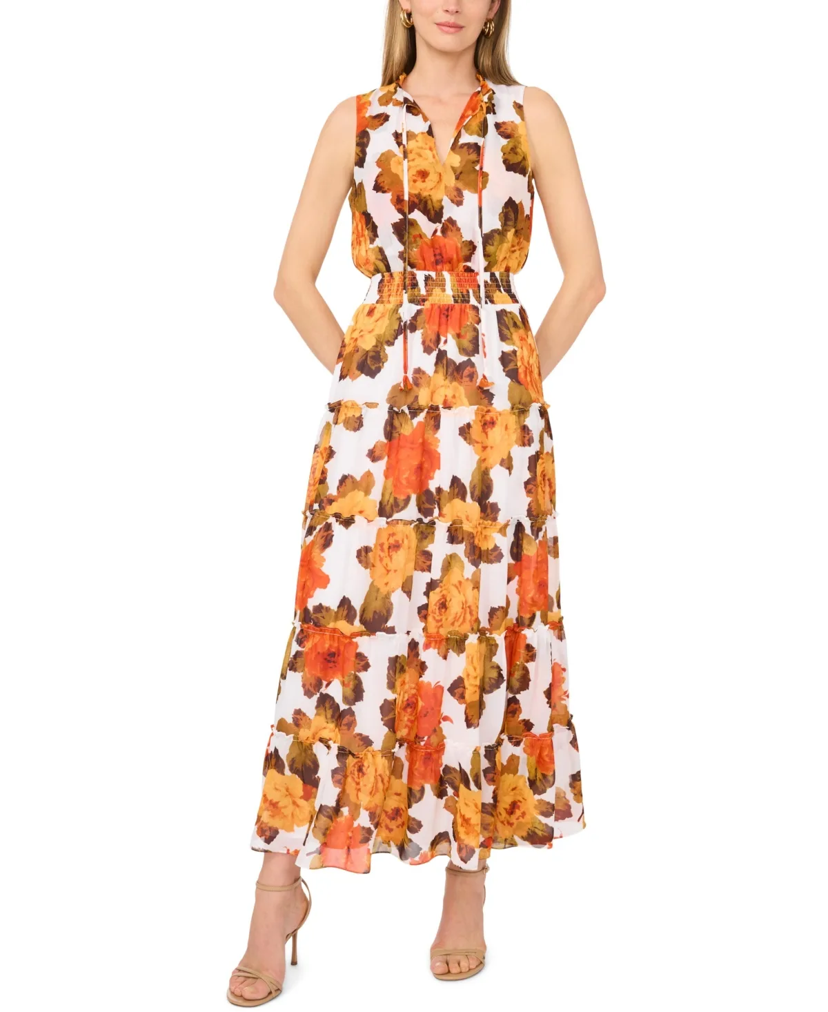 V-Neck Smocked Waist Tiered Maxi Dress