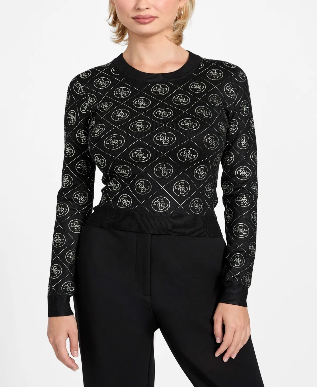 Long-Sleeve Crewneck Rhinestones 4G Sweater by Guess