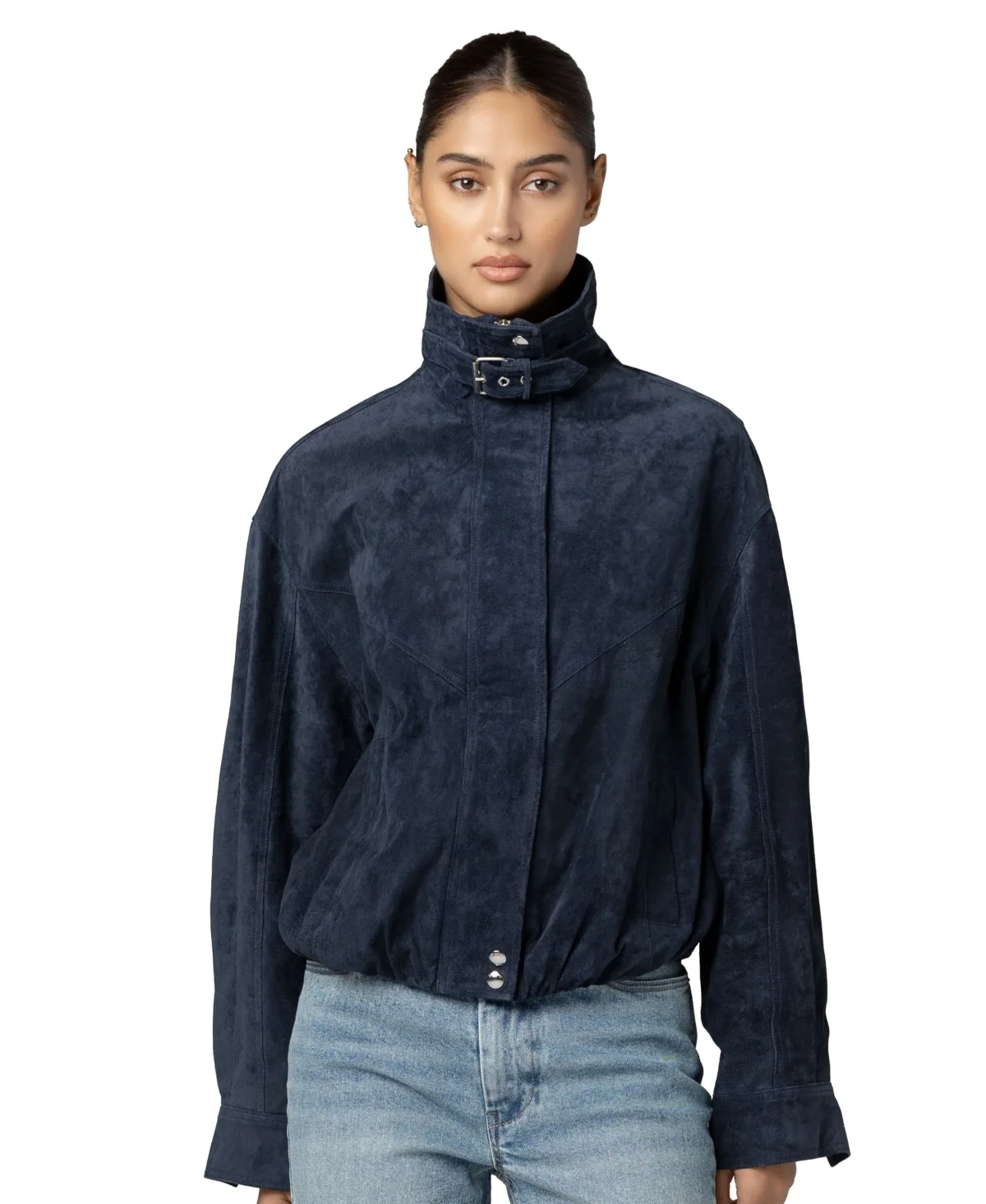 High Collar Suede Bomber Jacket by Blank Nyc