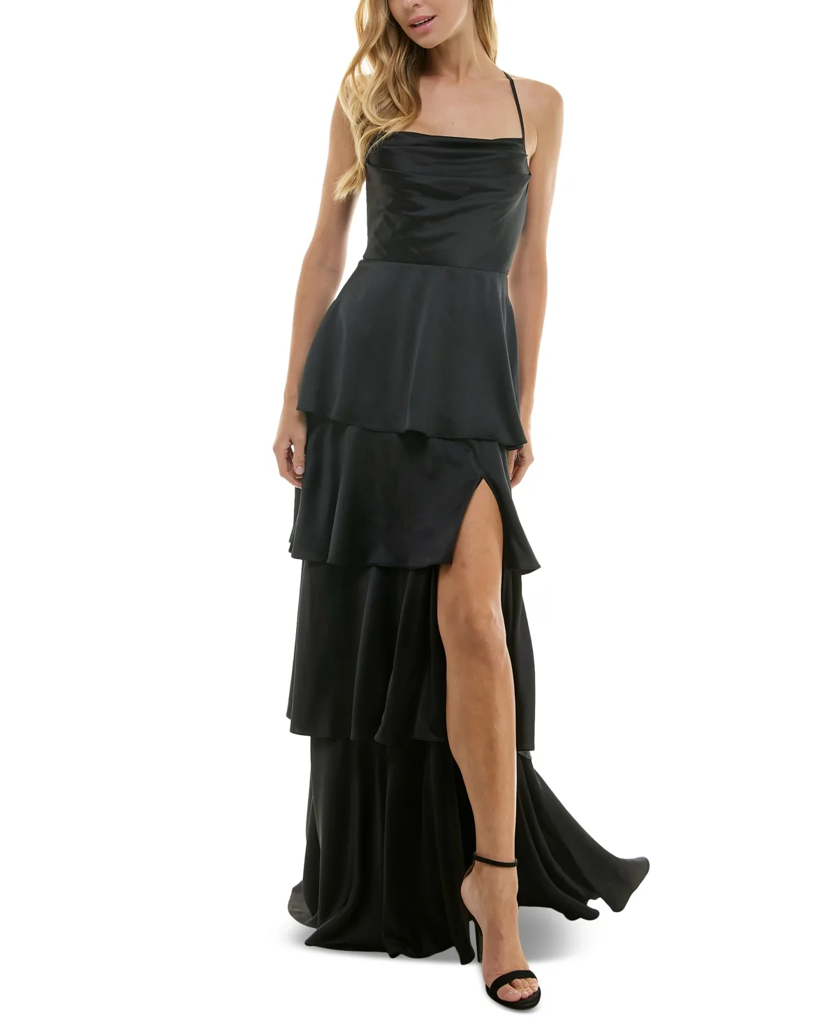 Cowlneck Tiered Slit-Front Gown by City Studios