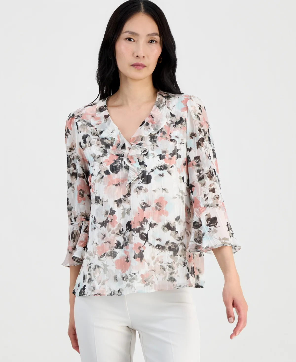 Ruffle-Front V-Neck Blouse by Kasper