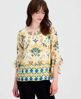 Printed Ruffled Sleeve Blouse by Kasper