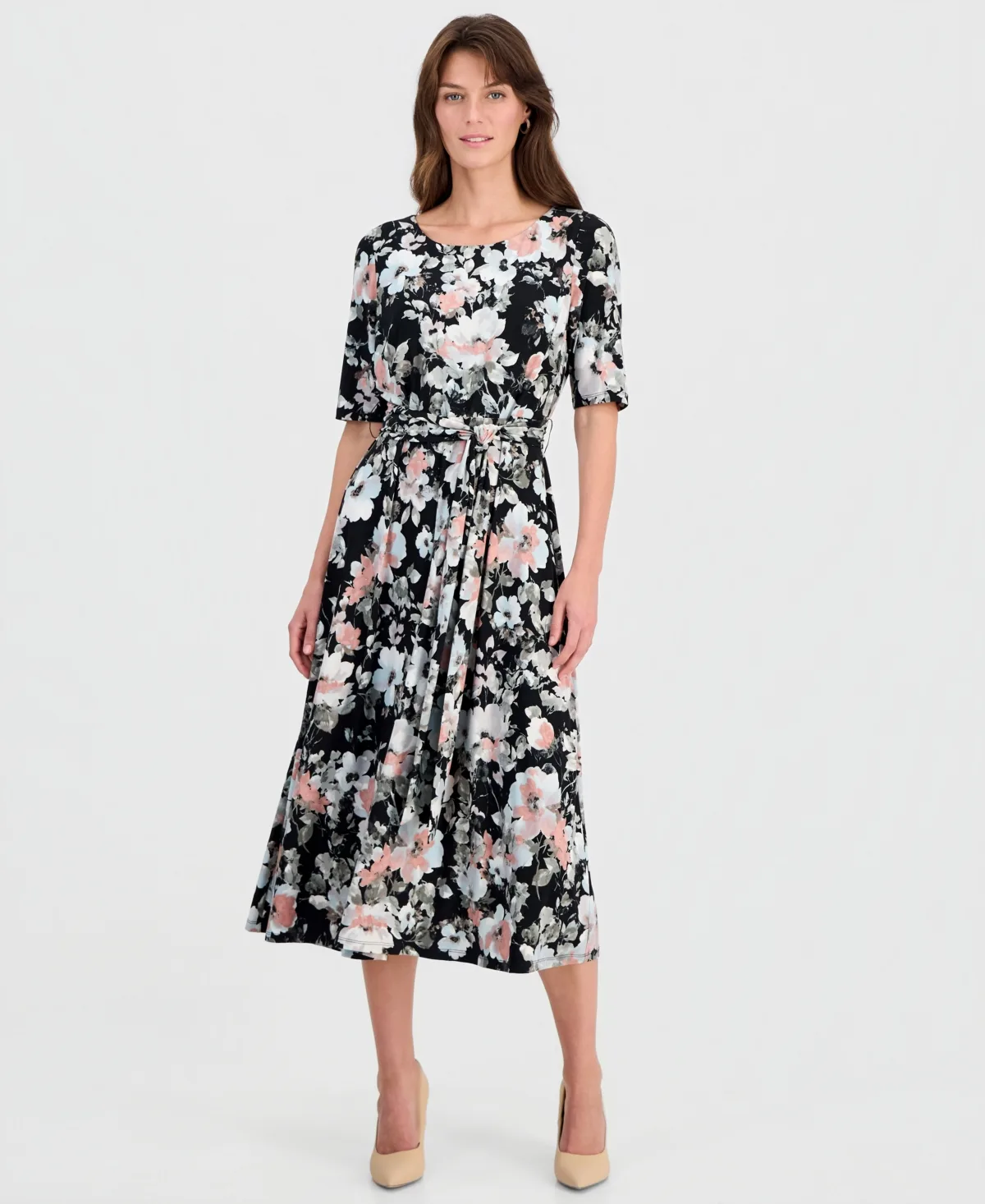 Floral Elbow-Sleeve Fit & Flare Dress by Kasper