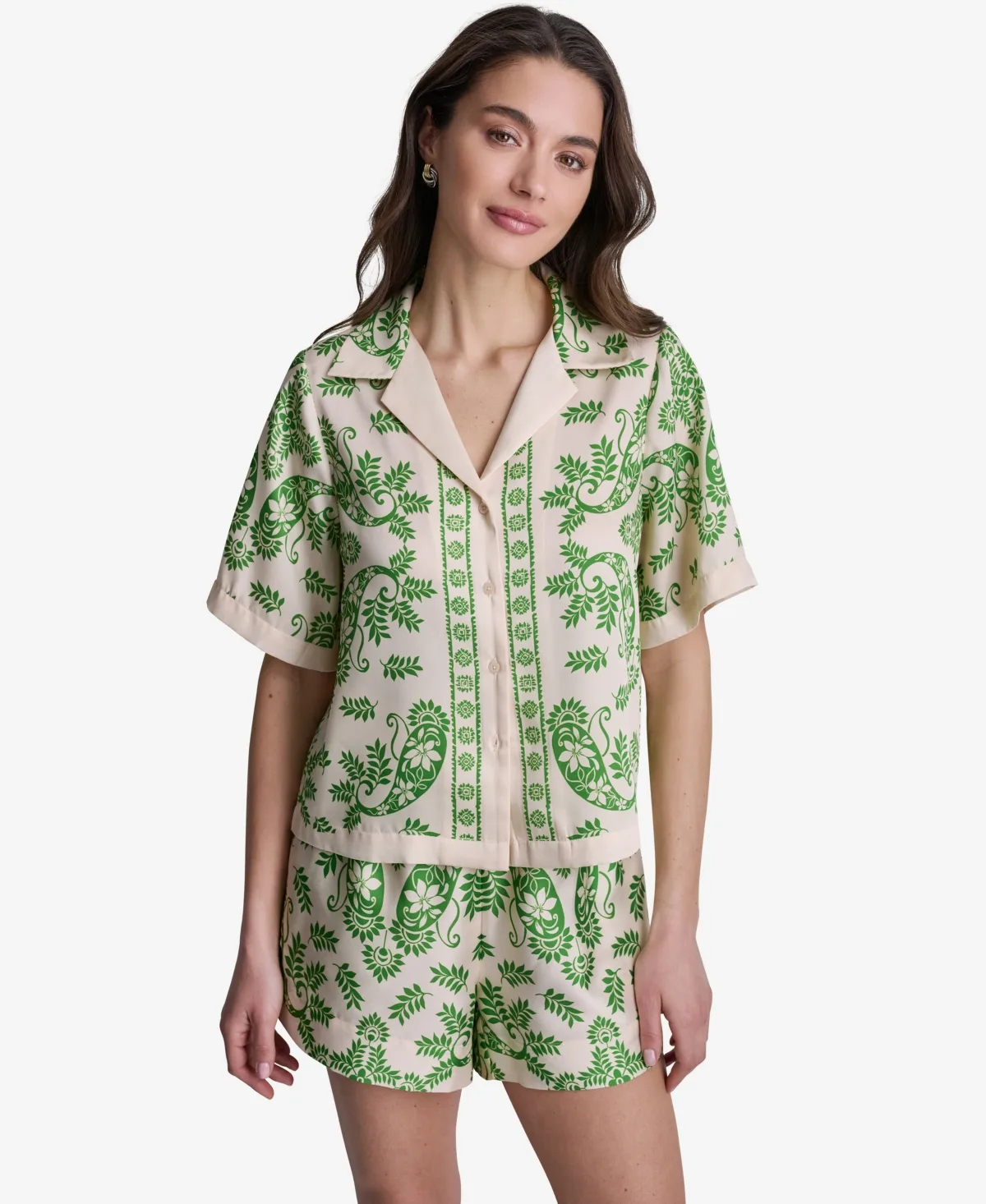 Botanical Print Short-Sleeve Button-Front Polyester Top by Bcbg