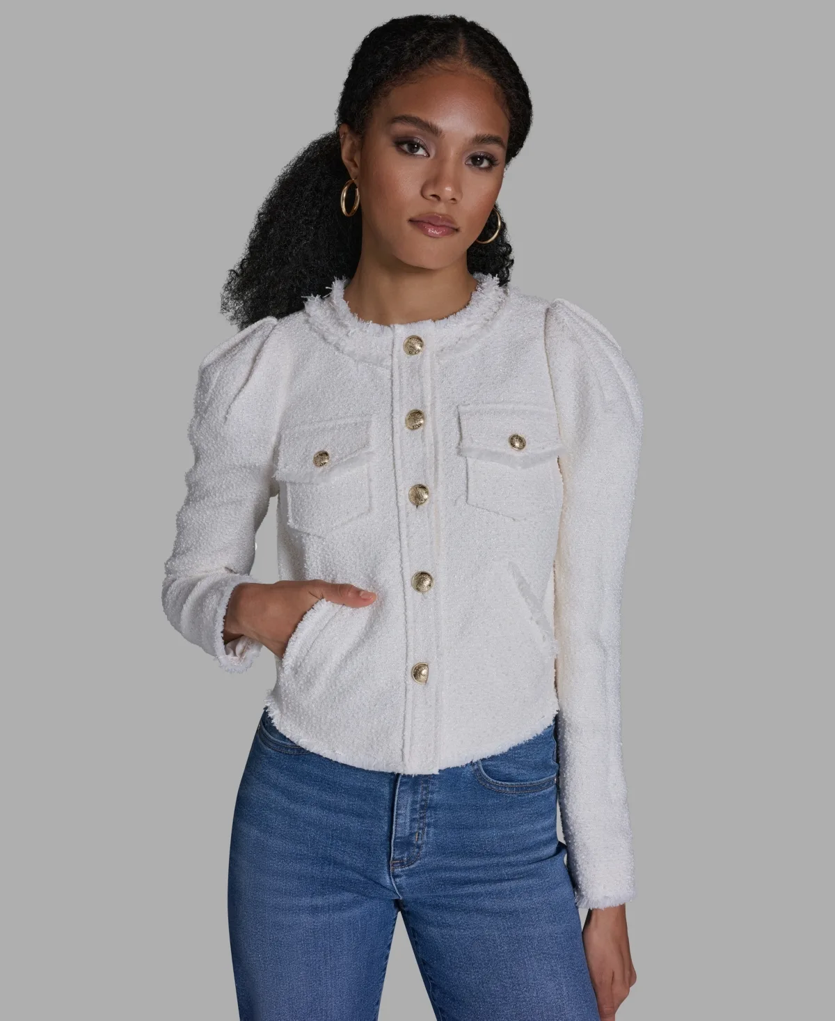 Crewneck Button-Front Tweed Jacket by Bcbg