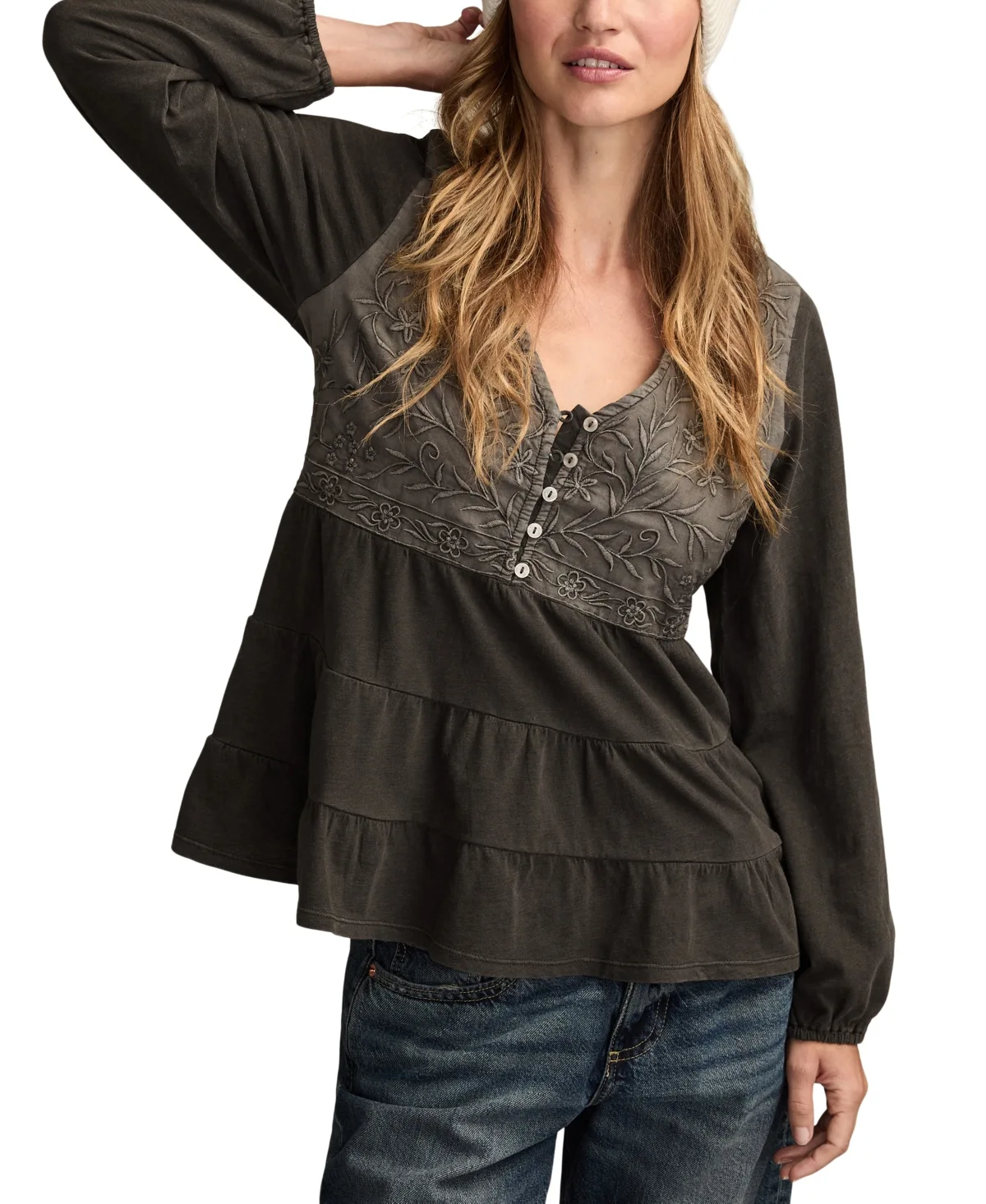 Embroidered Yoke Tiered Long-Sleeve Top by Lucky Brand