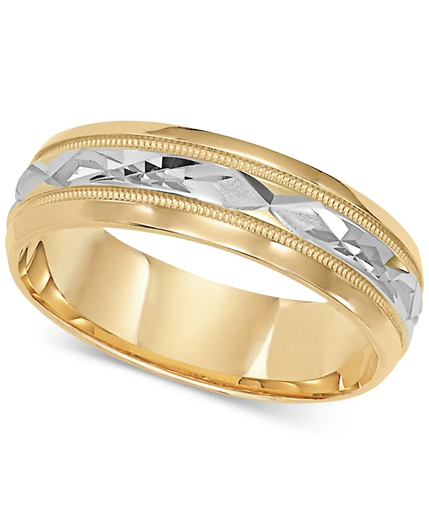 Two-Tone Decorative Beaded Edge Wedding Band in 14k Gold & White Gold