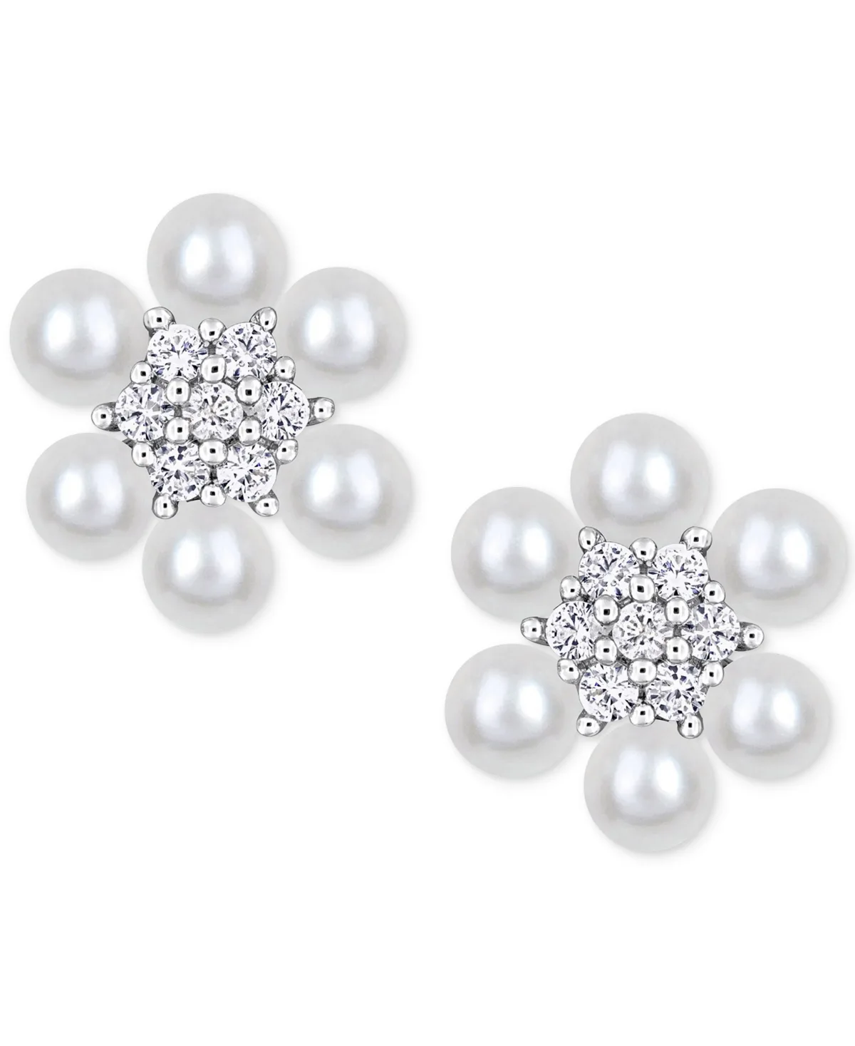 Cultured Freshwater Pearl (3-3-1/2mm) & Lab-Created White Sapphire (1/3 ct. t.w.) Flower Cluster Stud Earrings in Sterling Silver by Macy's