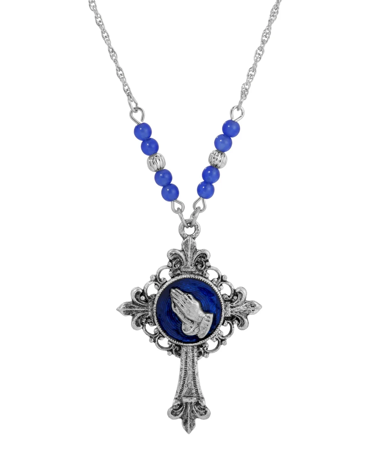 Silver-Tone Cross Blue Enamel Praying Hands 18" Necklace by Symbols Of Faith