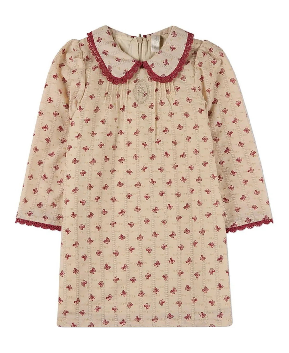 Embroidered-Bow 100% Cotton Pointelle Lace-Trim Mini-Print Dress by Memoi
