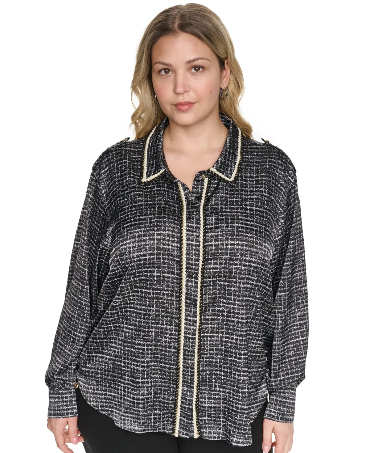 Tweed Print Collared Long-Sleeve Top by Karl Lagerfeld Paris