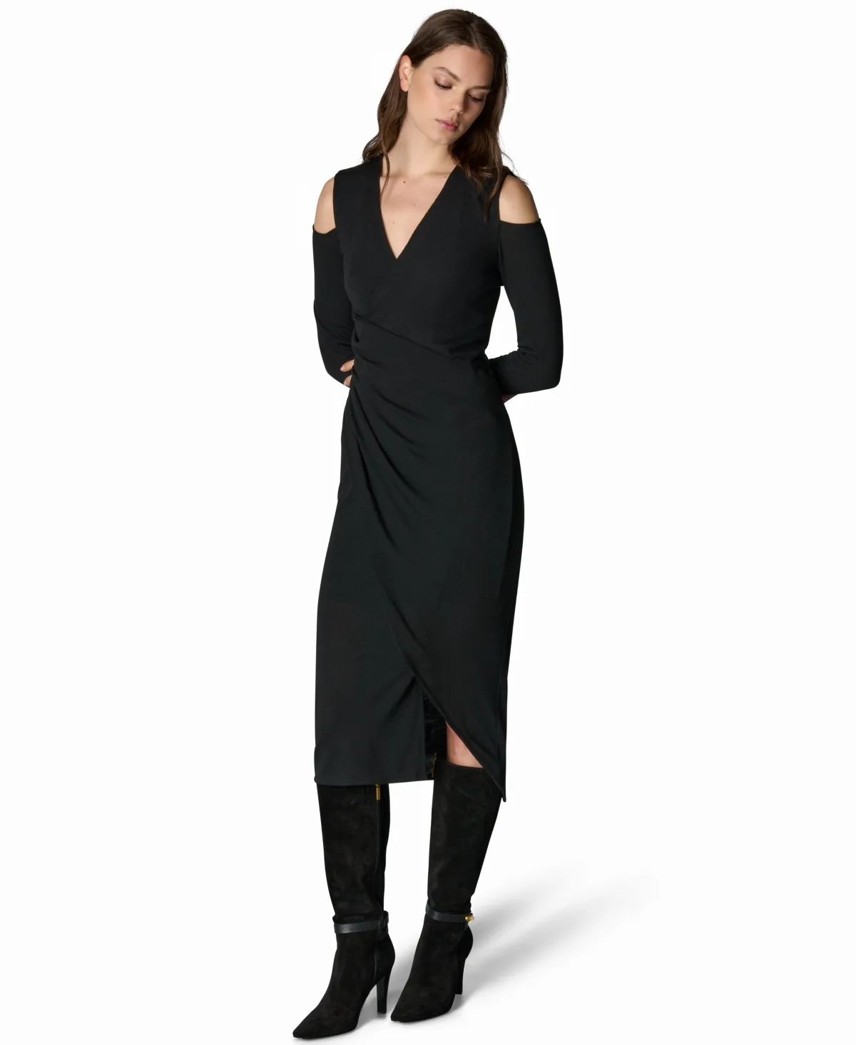 Long-Sleeve Cold-Shoulder Wrap Midi Dress by Donna Karan New York