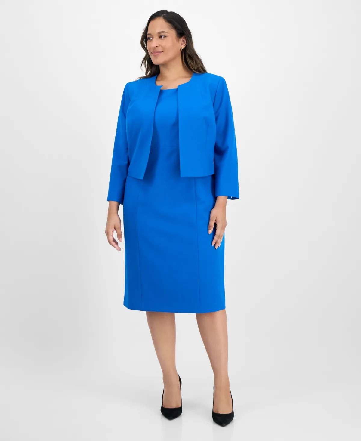 Open-Front Collarless Jacket and Sheath Dress Suit Set by Le Suit