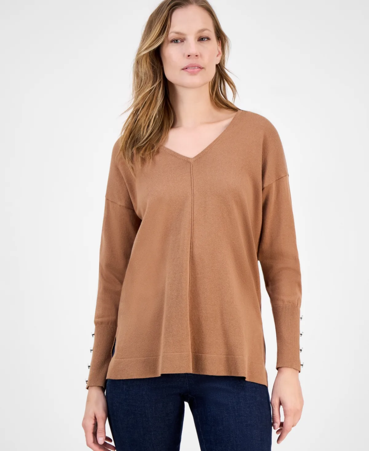 Button-Cuff V-Neck Top by Ak Anne Klein