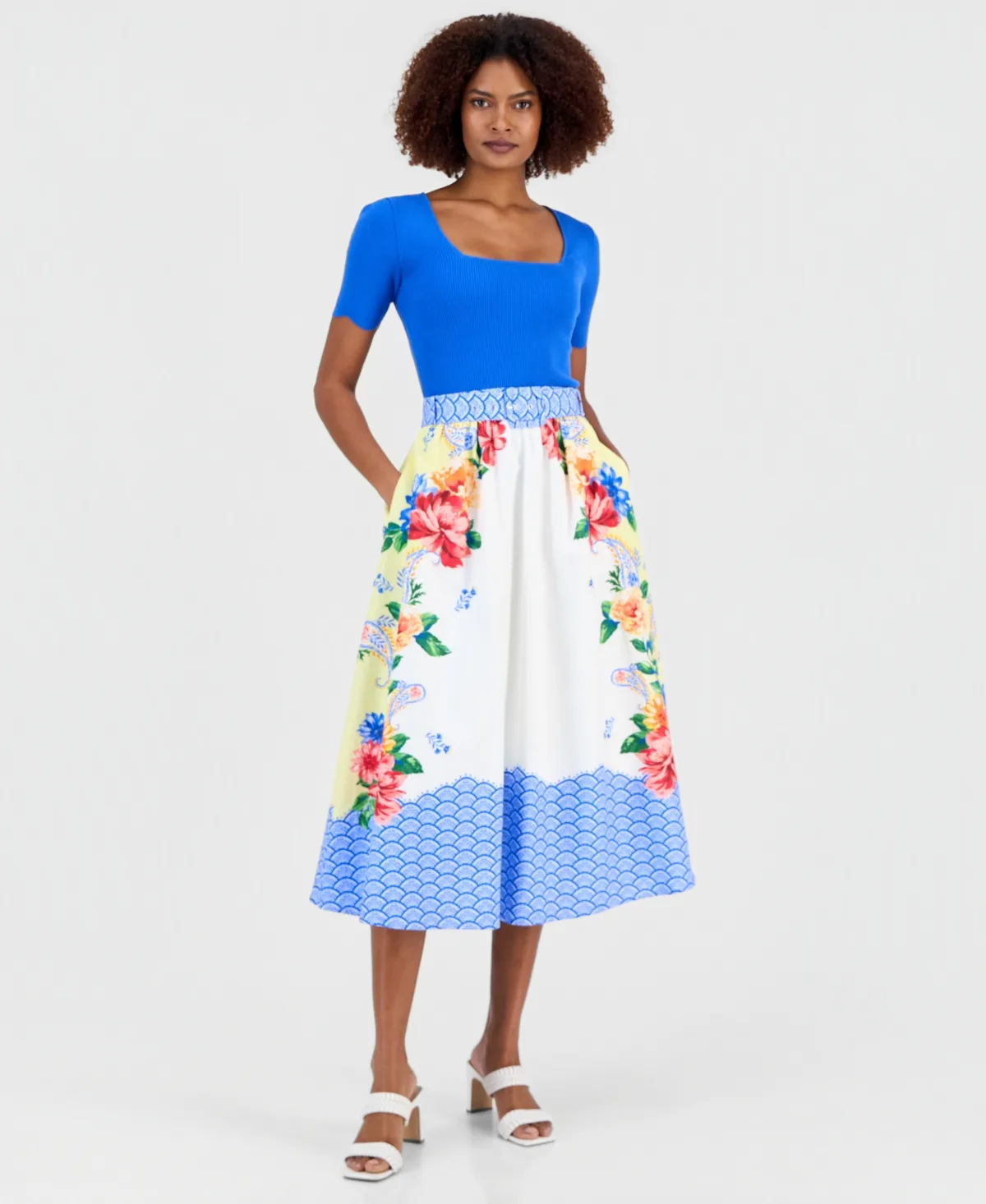 Printed Belted Pull-On Midi Skirt