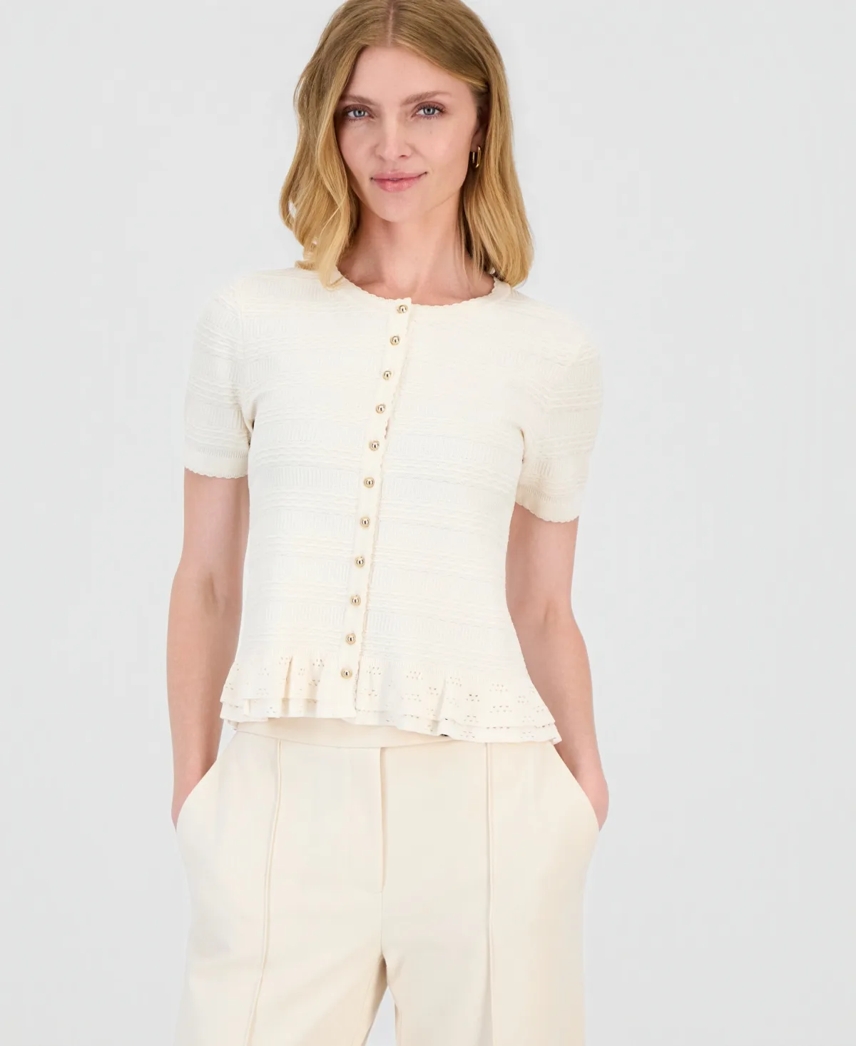 Textured Ruffled-Hem Cardigan by T Tahari