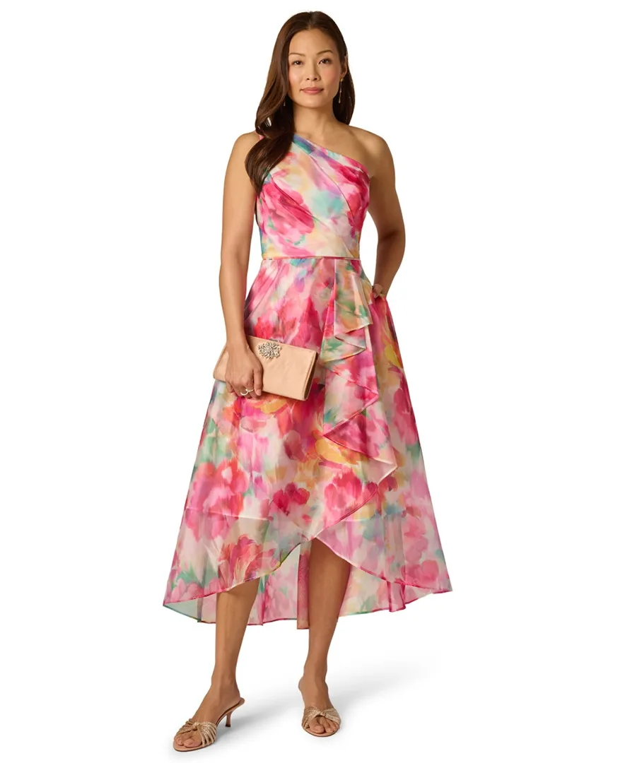 Printed One Shoulder High Low Midi Dress