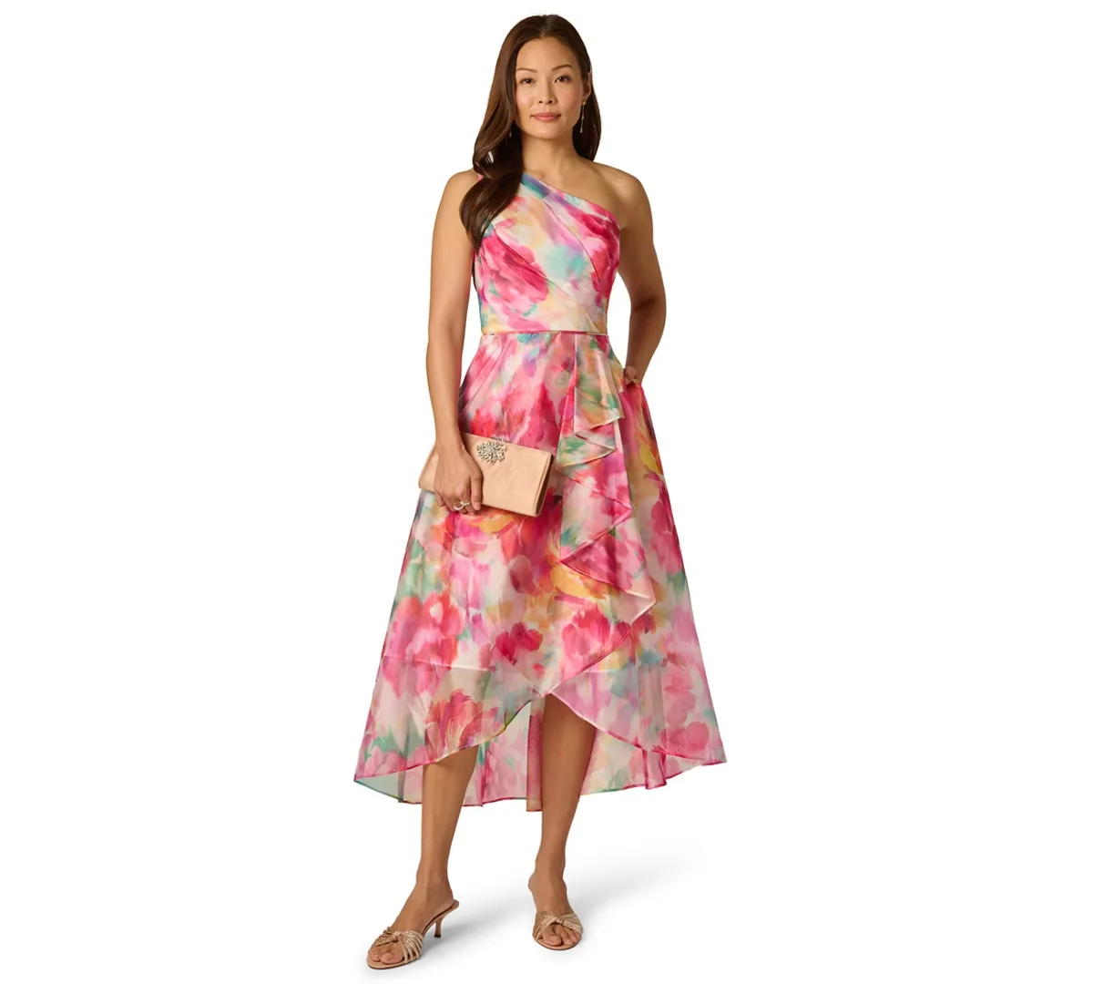 Printed One Shoulder High Low Midi Dress by Adrianna Papell